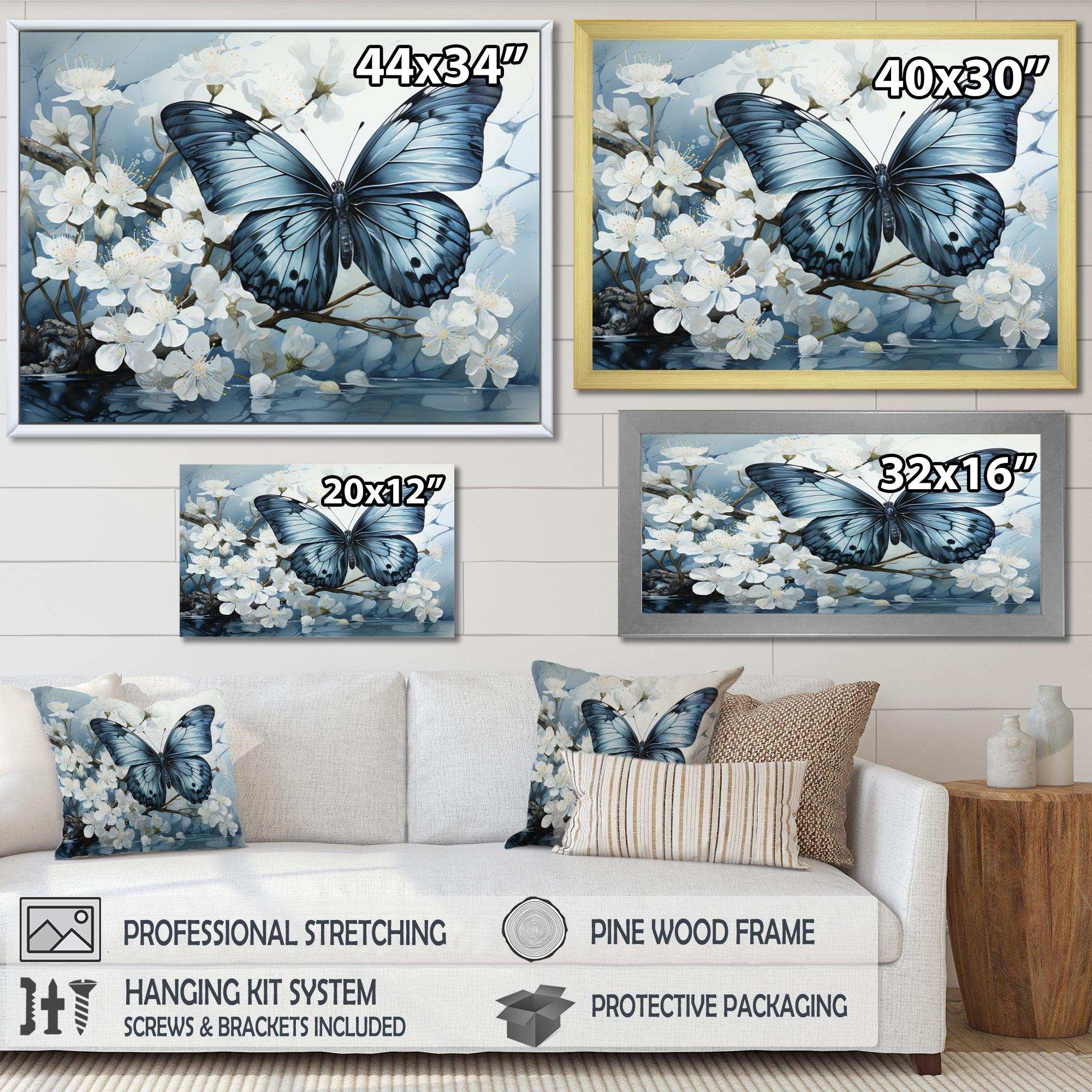 Blue White Butterfly Reflection - Animals Canvas Wall Art