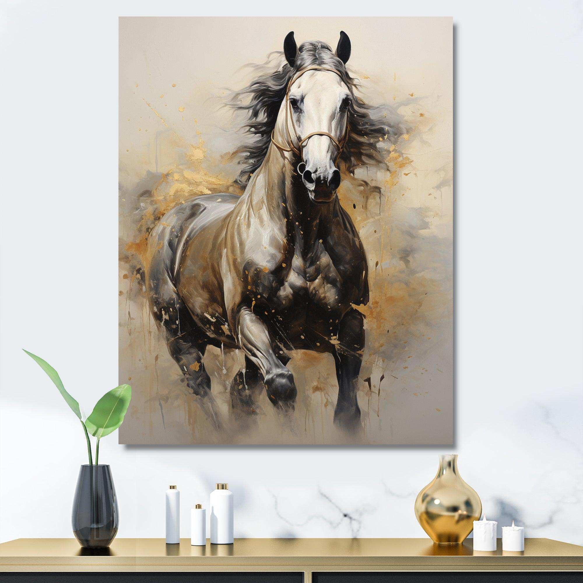 Beige Horse Golden Equestrian Pointillism - Animals Canvas Wall Art