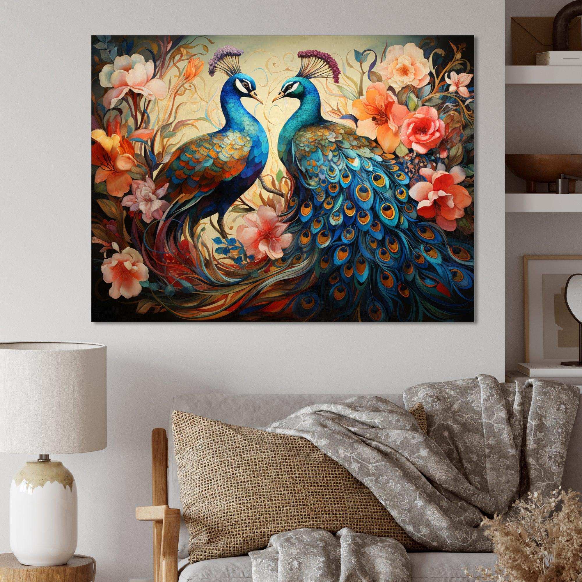 Blue Coral Indian Art Dancing Peacocks I - People Canvas Wall Art