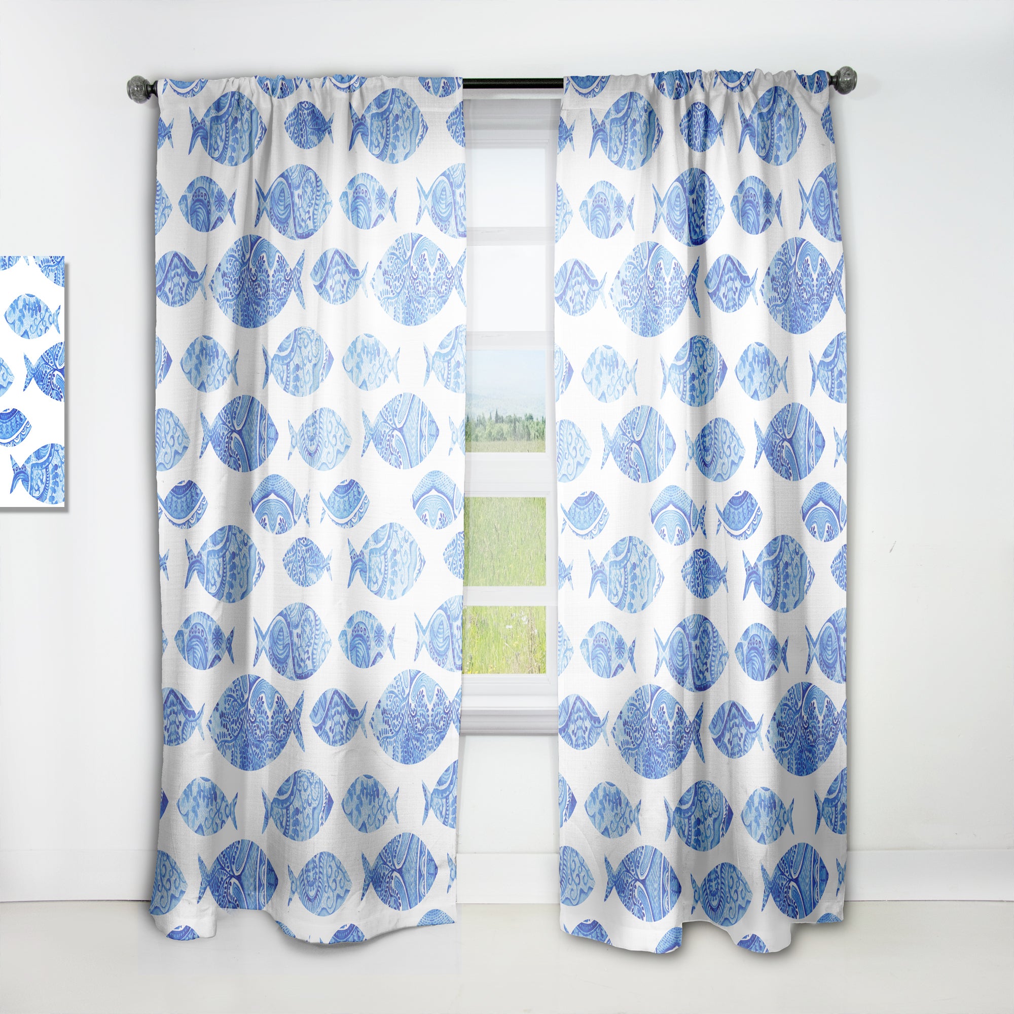 Designart 'Seamless pattern with fishes' Nautical 1 Curtain Panel