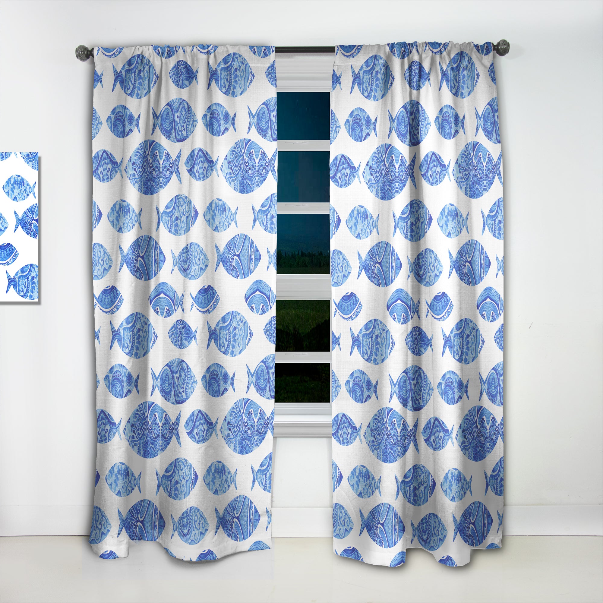 Designart 'Seamless pattern with fishes' Nautical 1 Curtain Panel