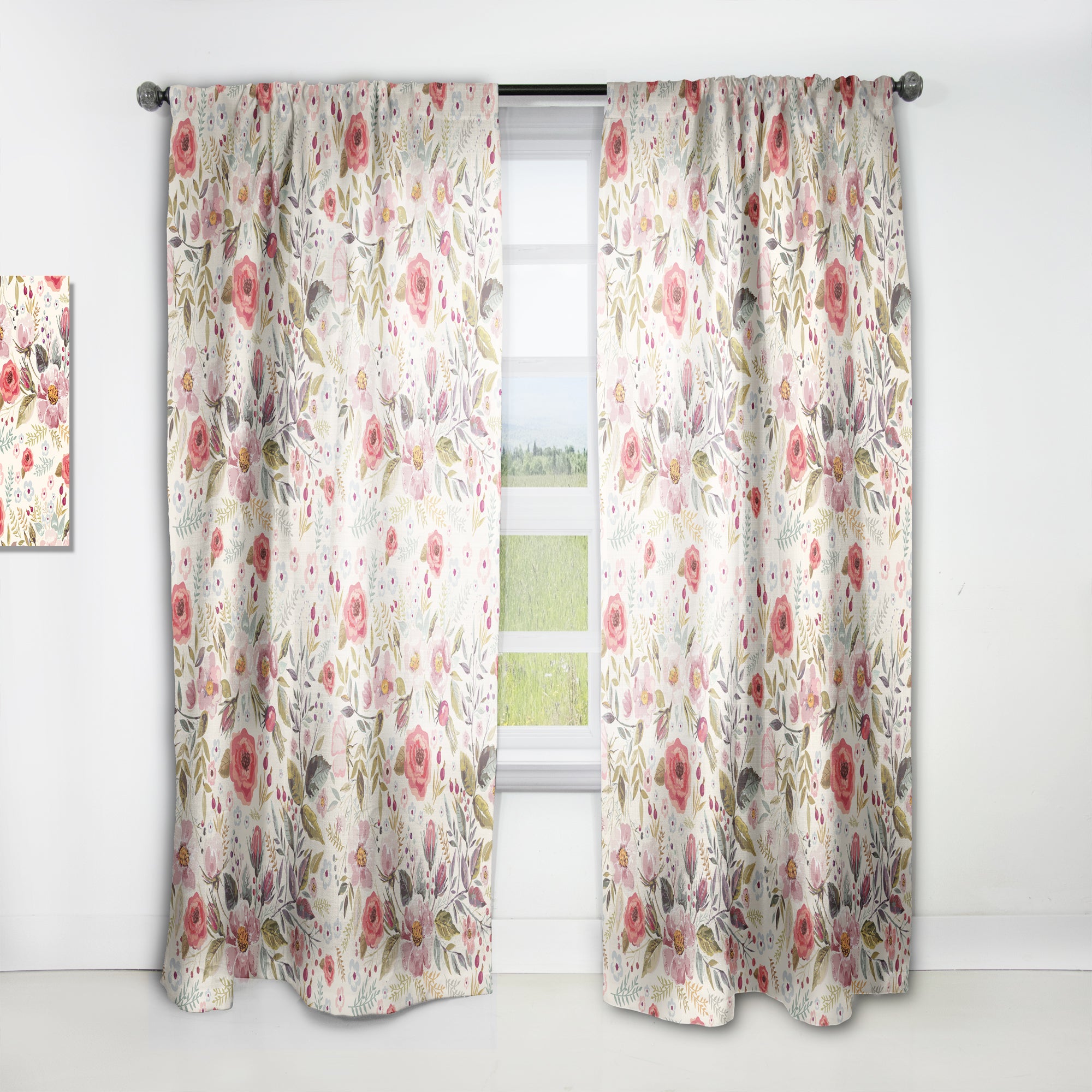 Designart 'Vintage Red Pink Flower and Leaves' Rustic 1 Curtain Panel