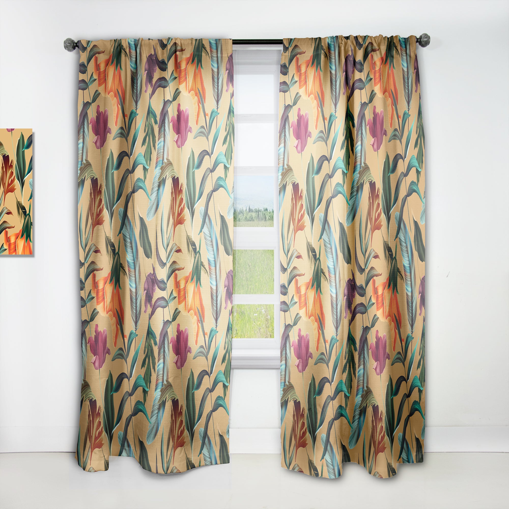 Designart 'Retro Tropical Flowers and Feathers' Vintage 1 Curtain Panel