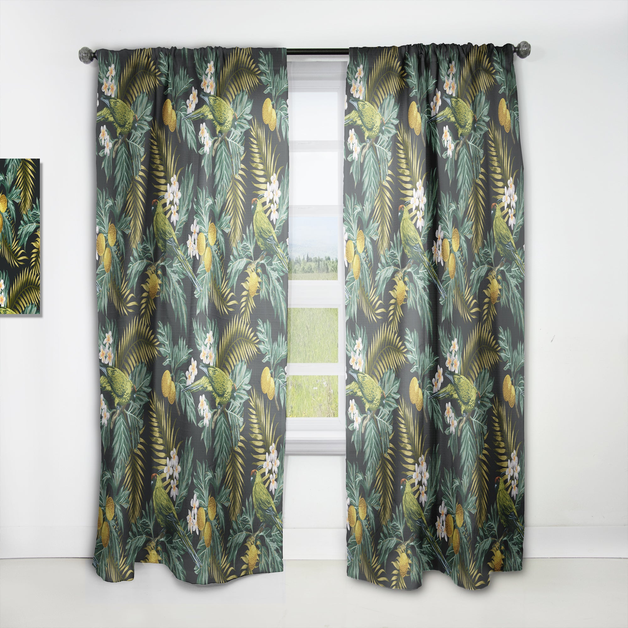 Designart 'Tropical Leaves with Lemons and Green Bird' Animals 1 Curtain Panel