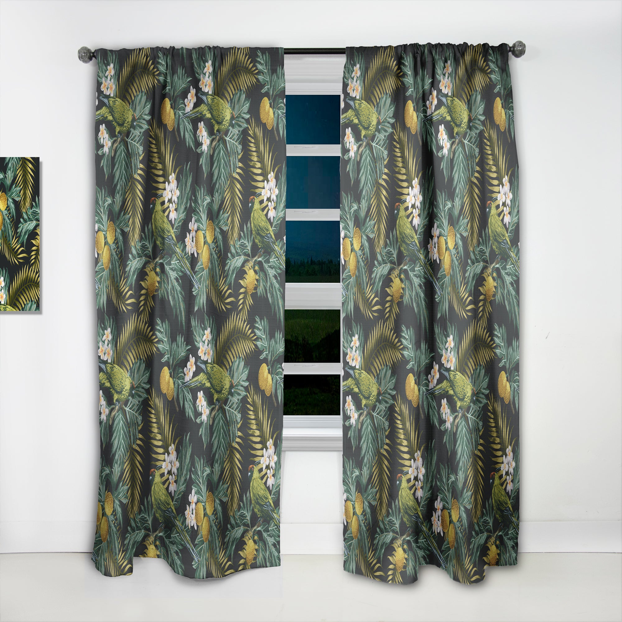 Designart 'Tropical Leaves with Lemons and Green Bird' Animals 1 Curtain Panel