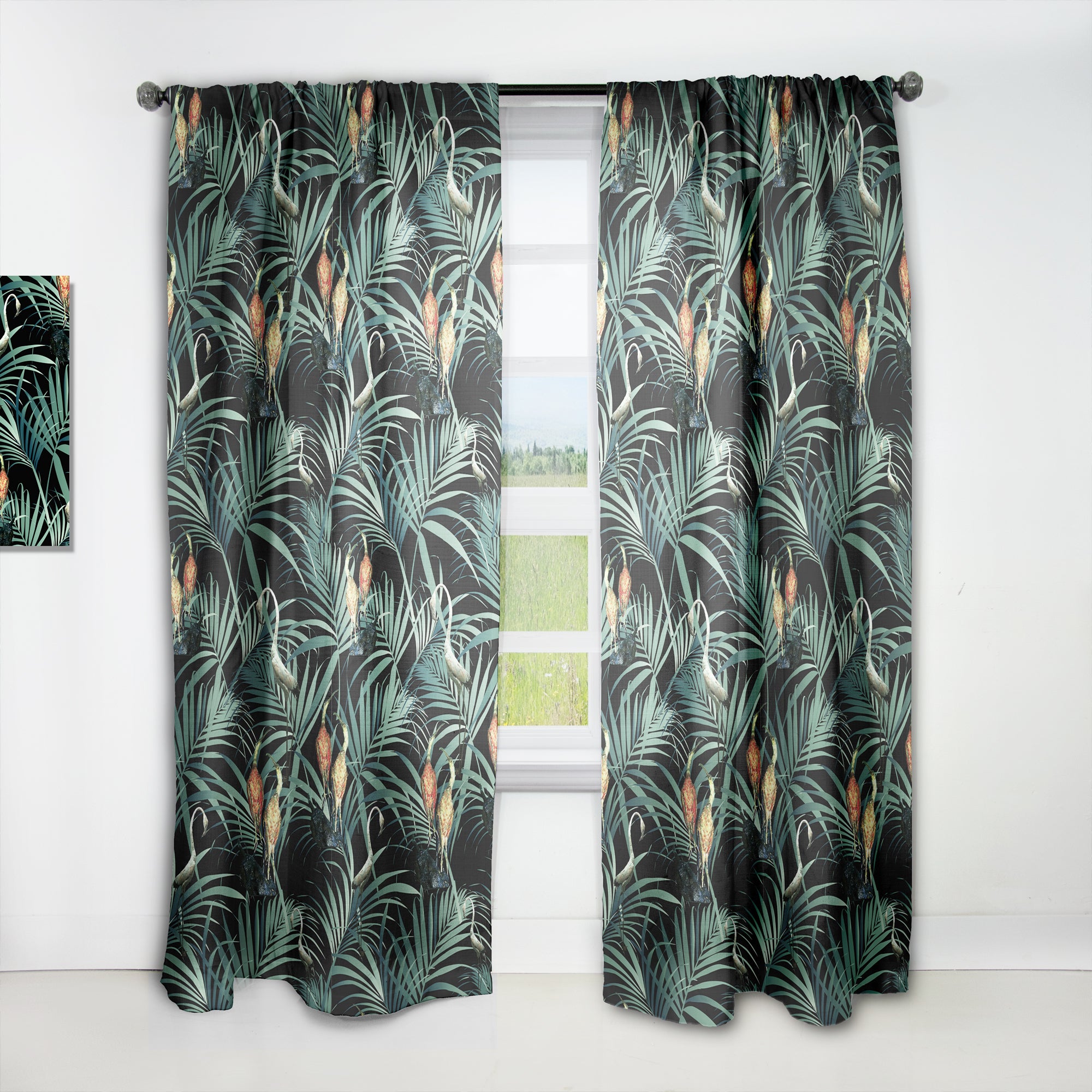 Designart 'Tropical Yellow Birds On Black With Green Jungle Leaves' Abstract 1 Curtain Panel