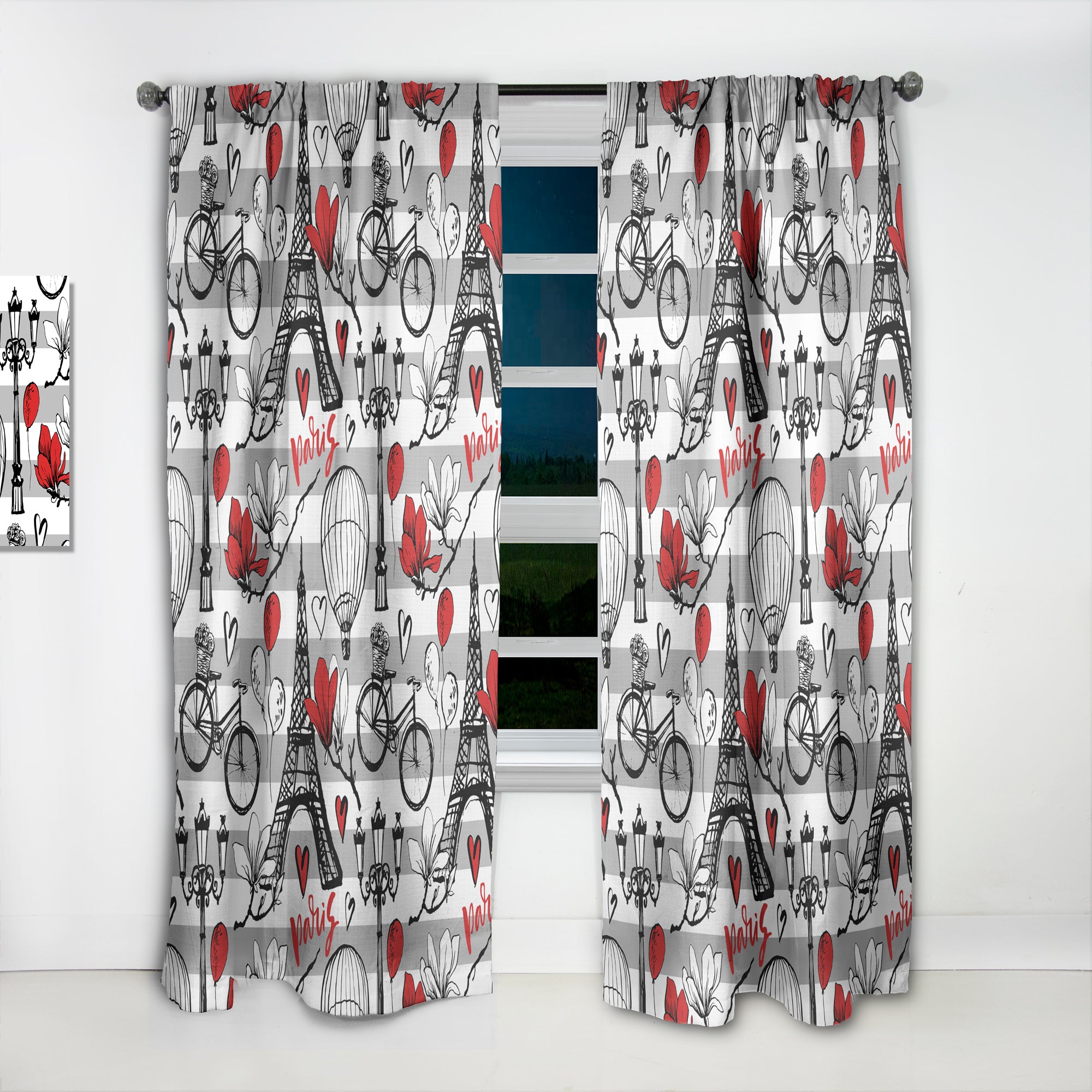 Designart 'Paris Eiffel Red Hearts II' Mid-Century Modern 1 Curtain Panel