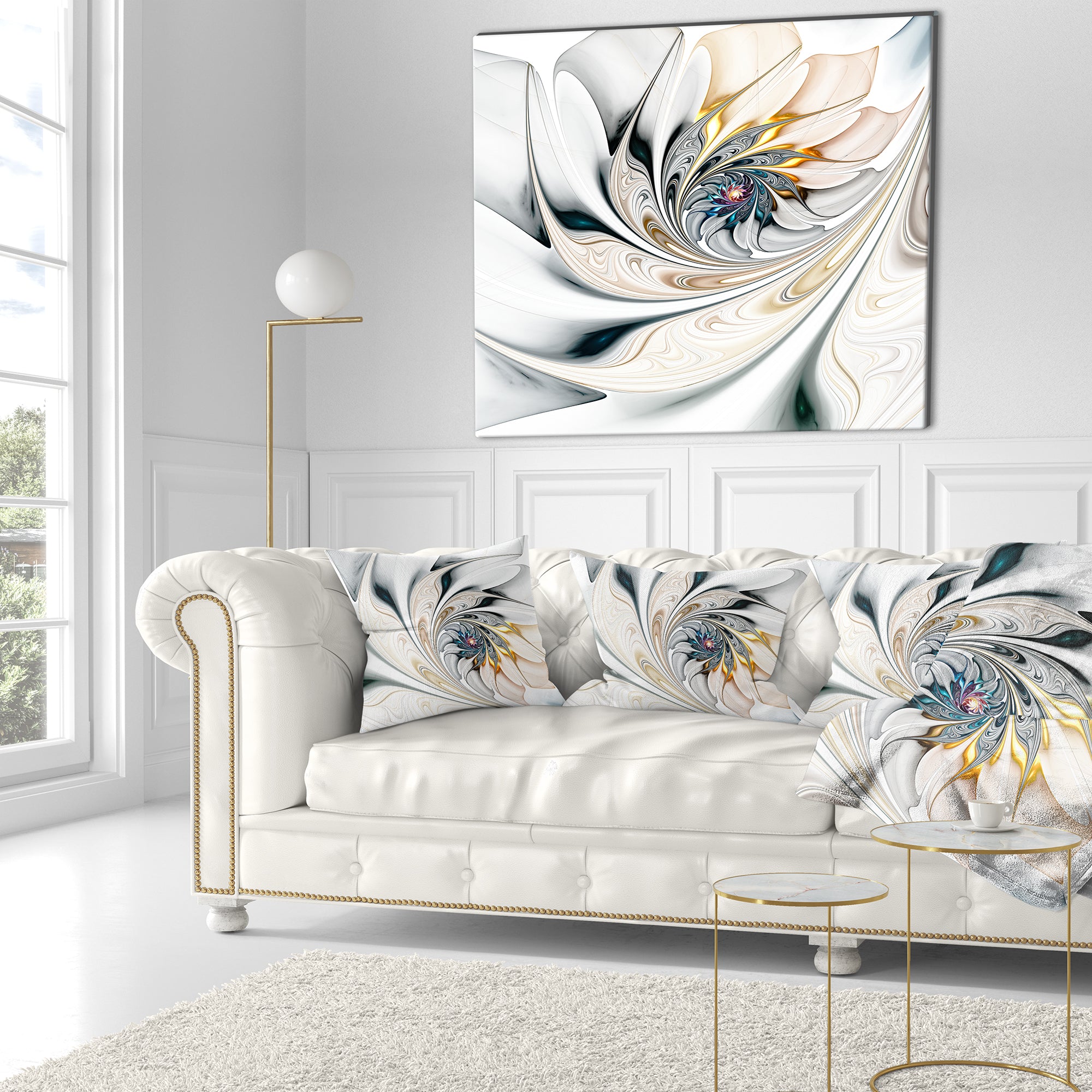 White Stained Glass Floral Art - Floral Throw Pillow