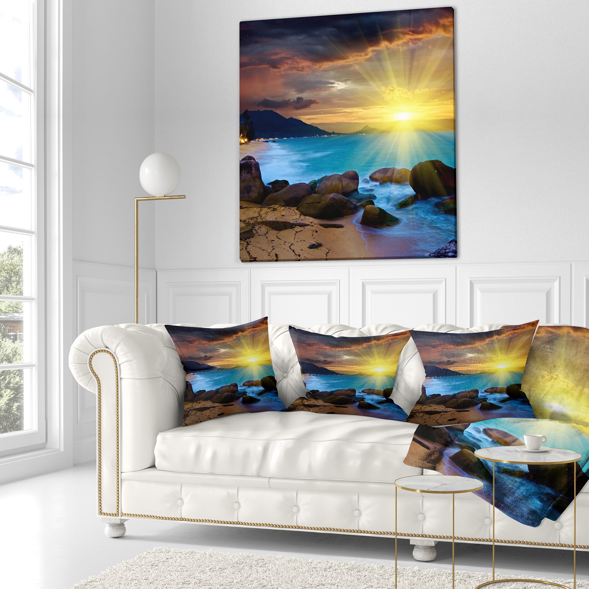 Bright Yellow Sun over Blue Waters - Modern Beach Throw Pillow