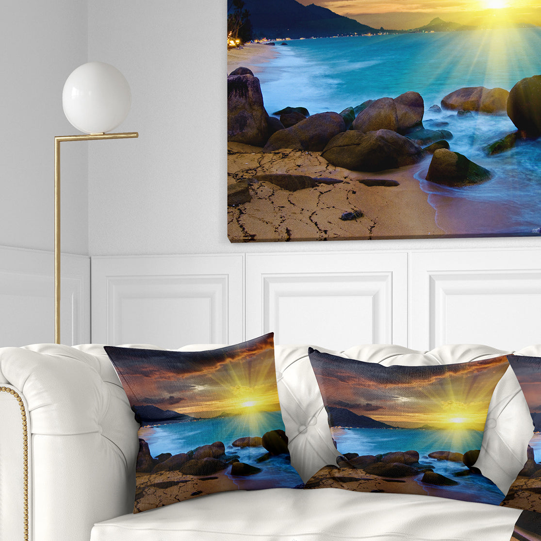 Bright Yellow Sun over Blue Waters - Modern Beach Throw Pillow