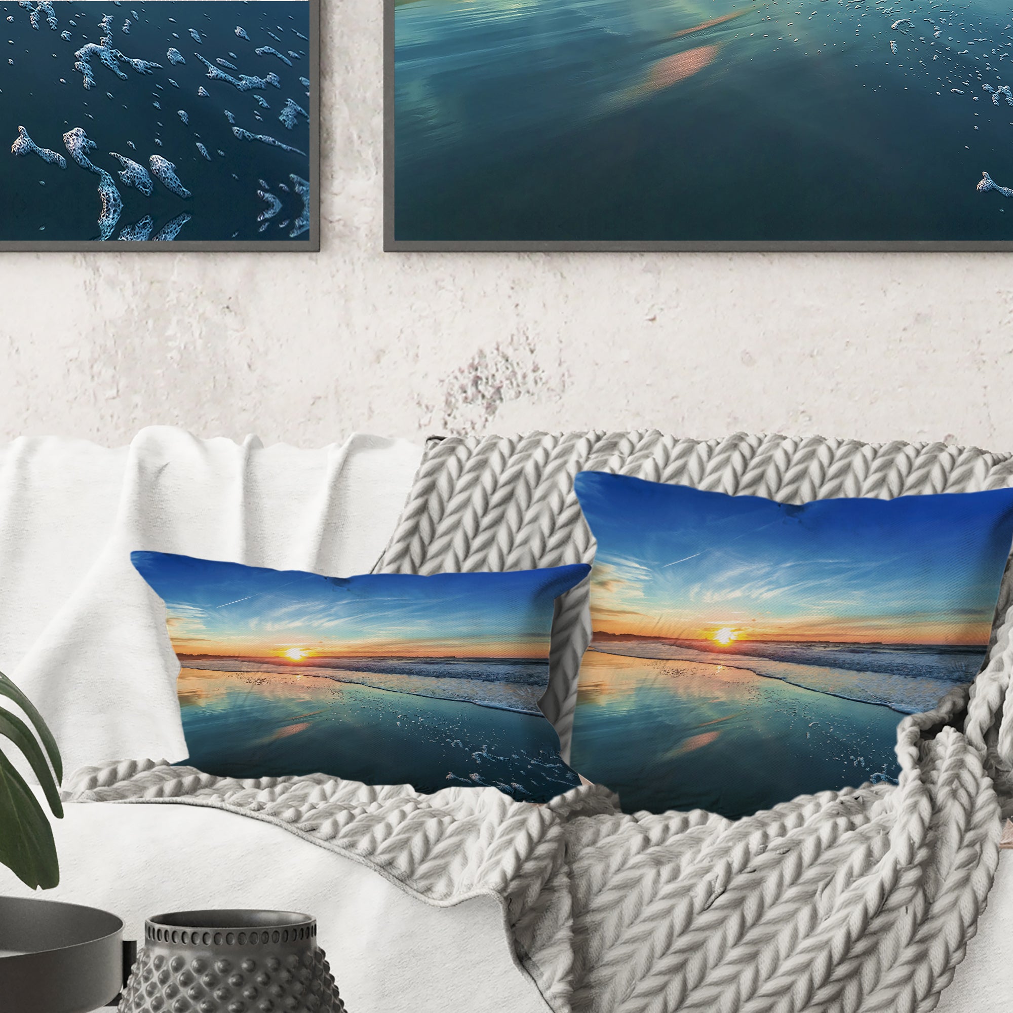 Blue Seashore with Distant Sunset - Seascape Throw Pillow