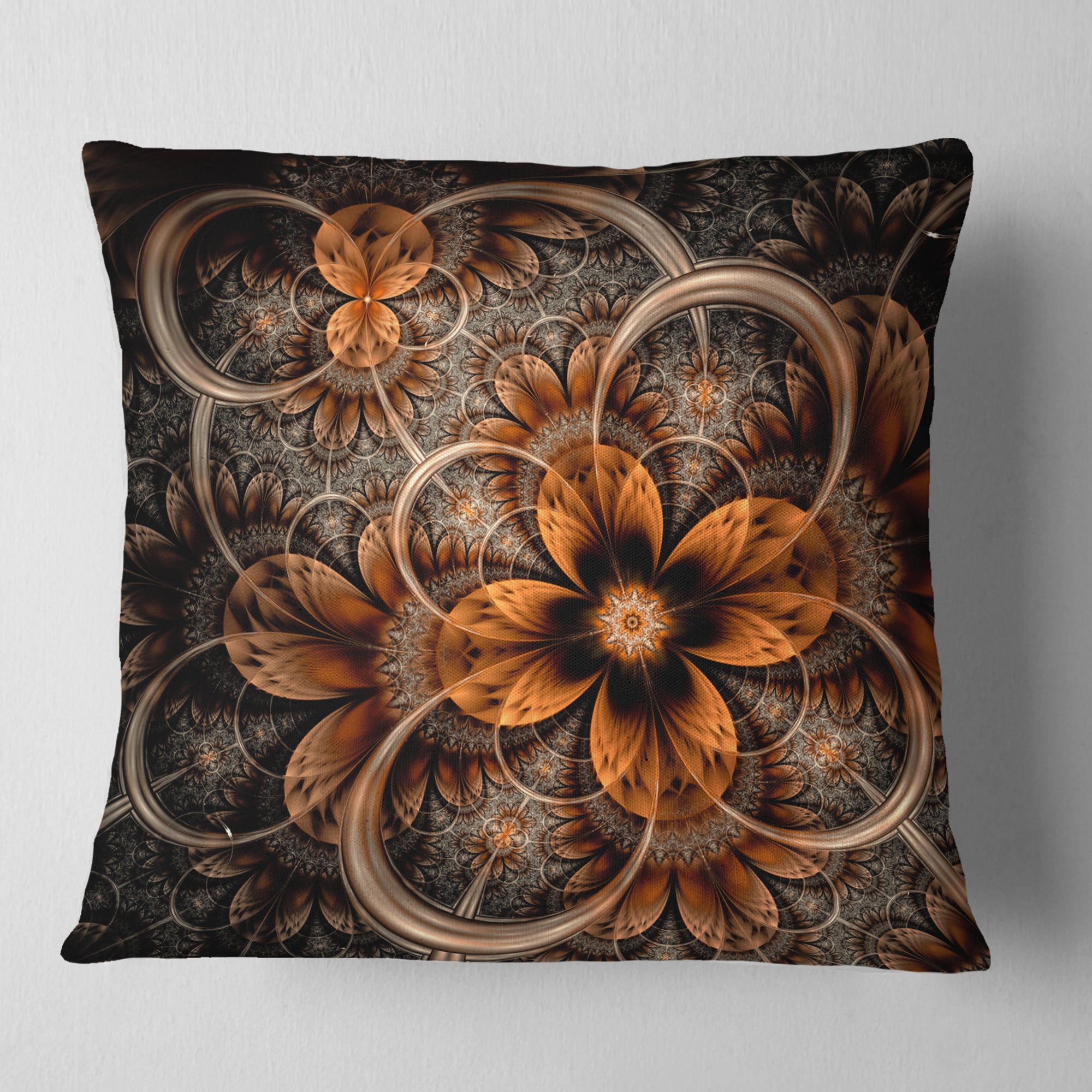 Dark Orange Digital Art Fractal Flower - Floral Throw Pillow