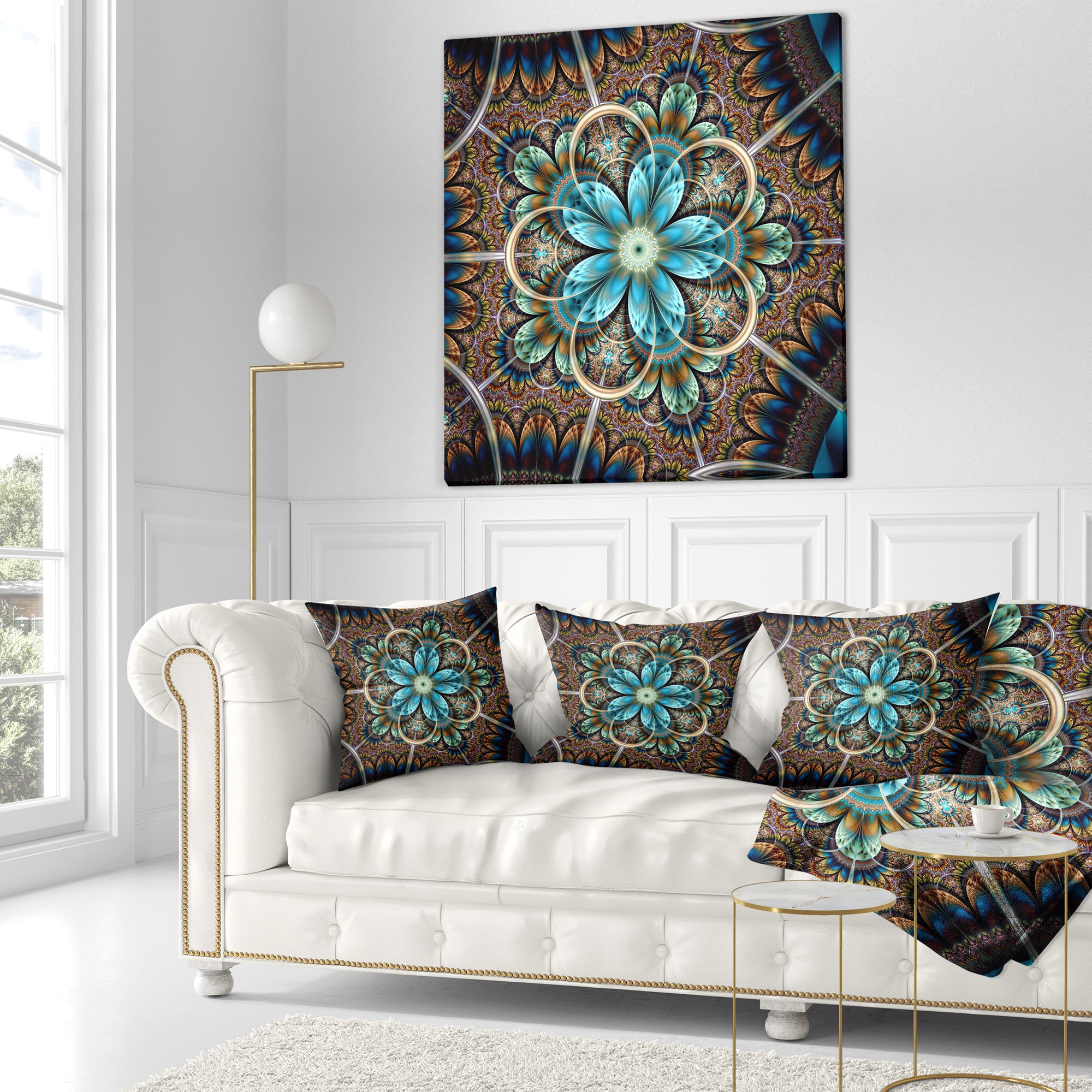 Large Brown Blue Fractal Flower - Floral Throw Pillow