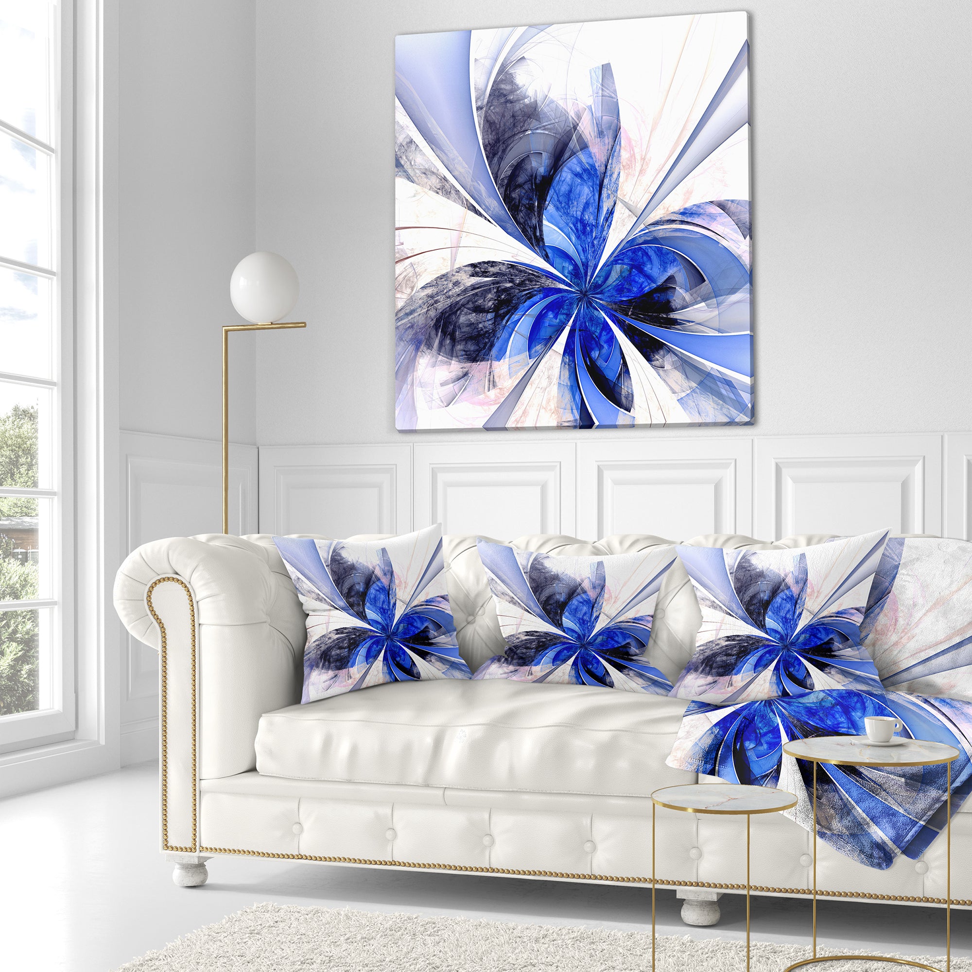 Symmetrical Bright Blue Fractal Flower - Floral Throw Pillow