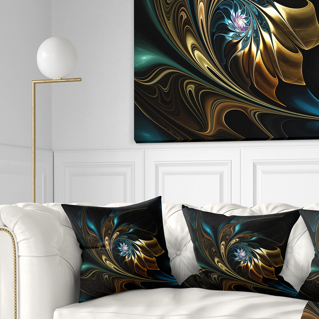 Brown Blue Fractal Flower in Black - Abstract Throw Pillow