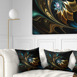 Brown Blue Fractal Flower in Black - Abstract Throw Pillow