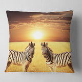 Pair of Zebras in Field At Sunset - African Throw Pillow
