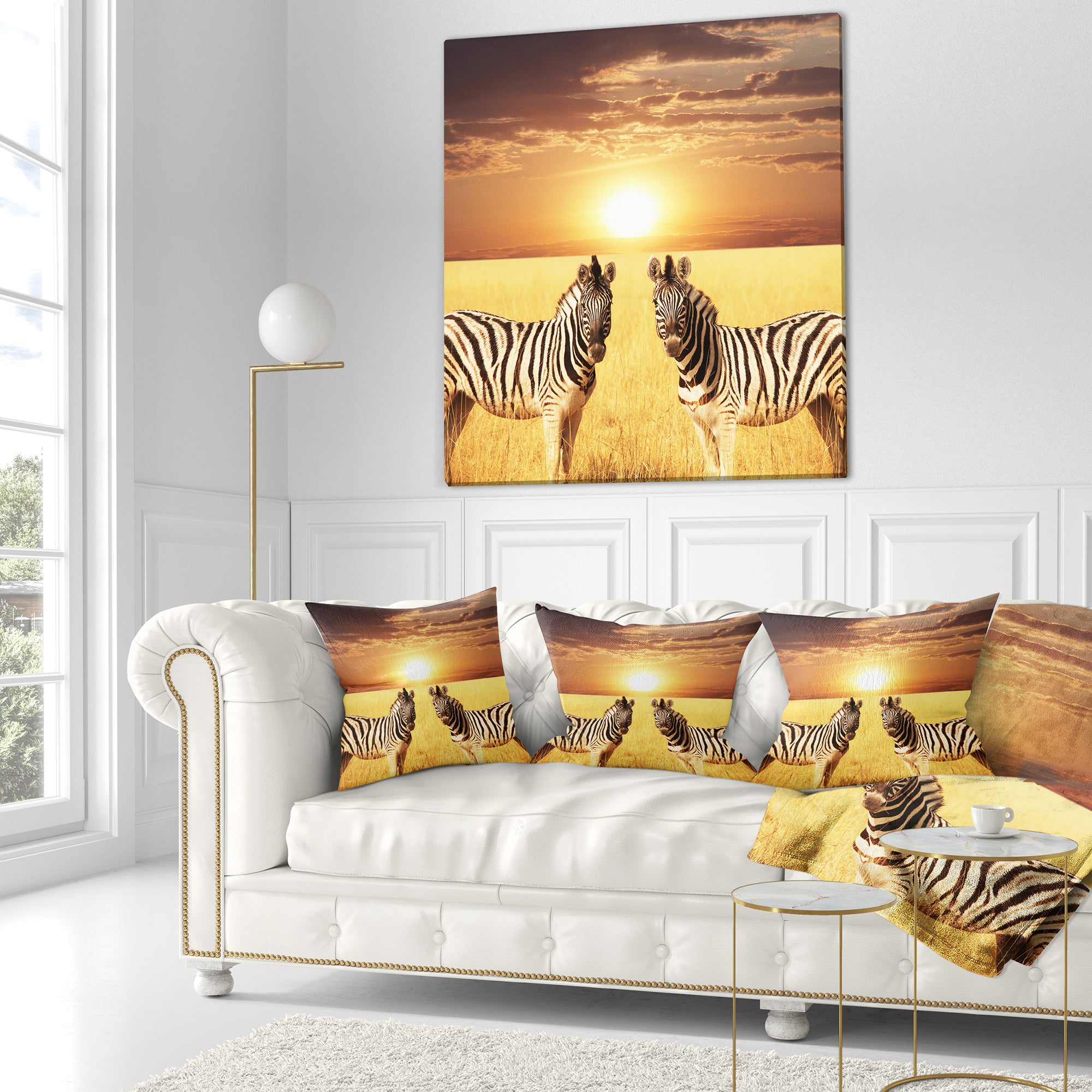 Pair of Zebras in Field At Sunset - African Throw Pillow