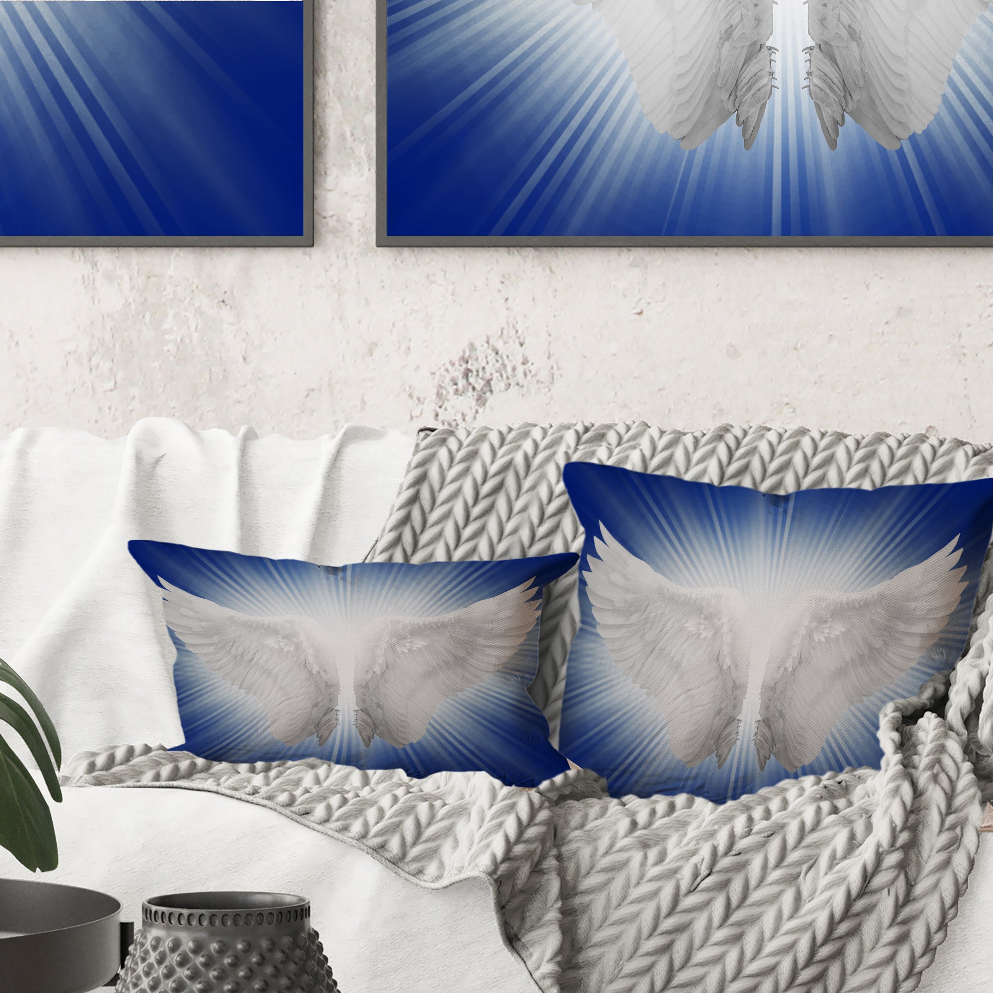 Angel Wings on Blue Background - Abstract Throw Pillow