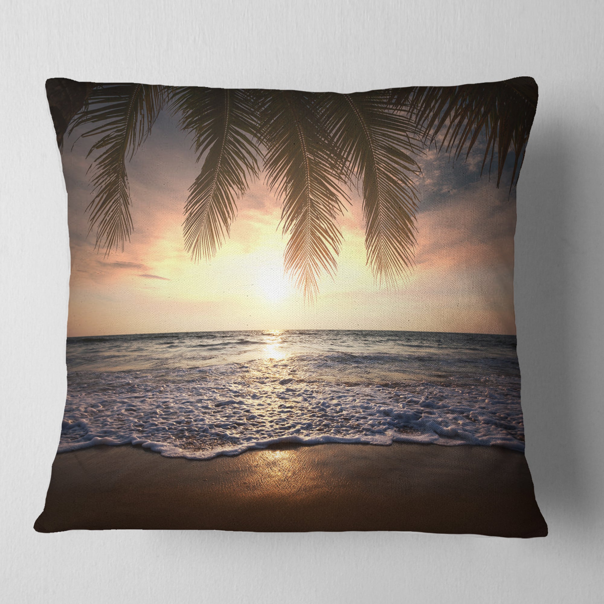 Tropical Beach with Palm Leaves - Seashore Throw Pillow