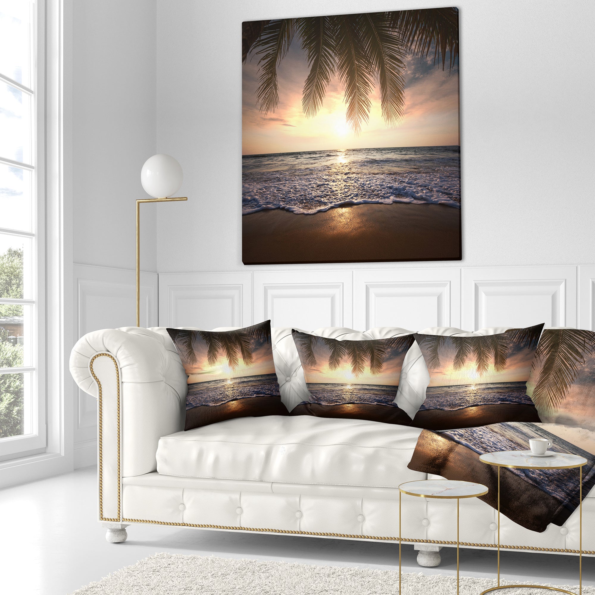 Tropical Beach with Palm Leaves - Seashore Throw Pillow