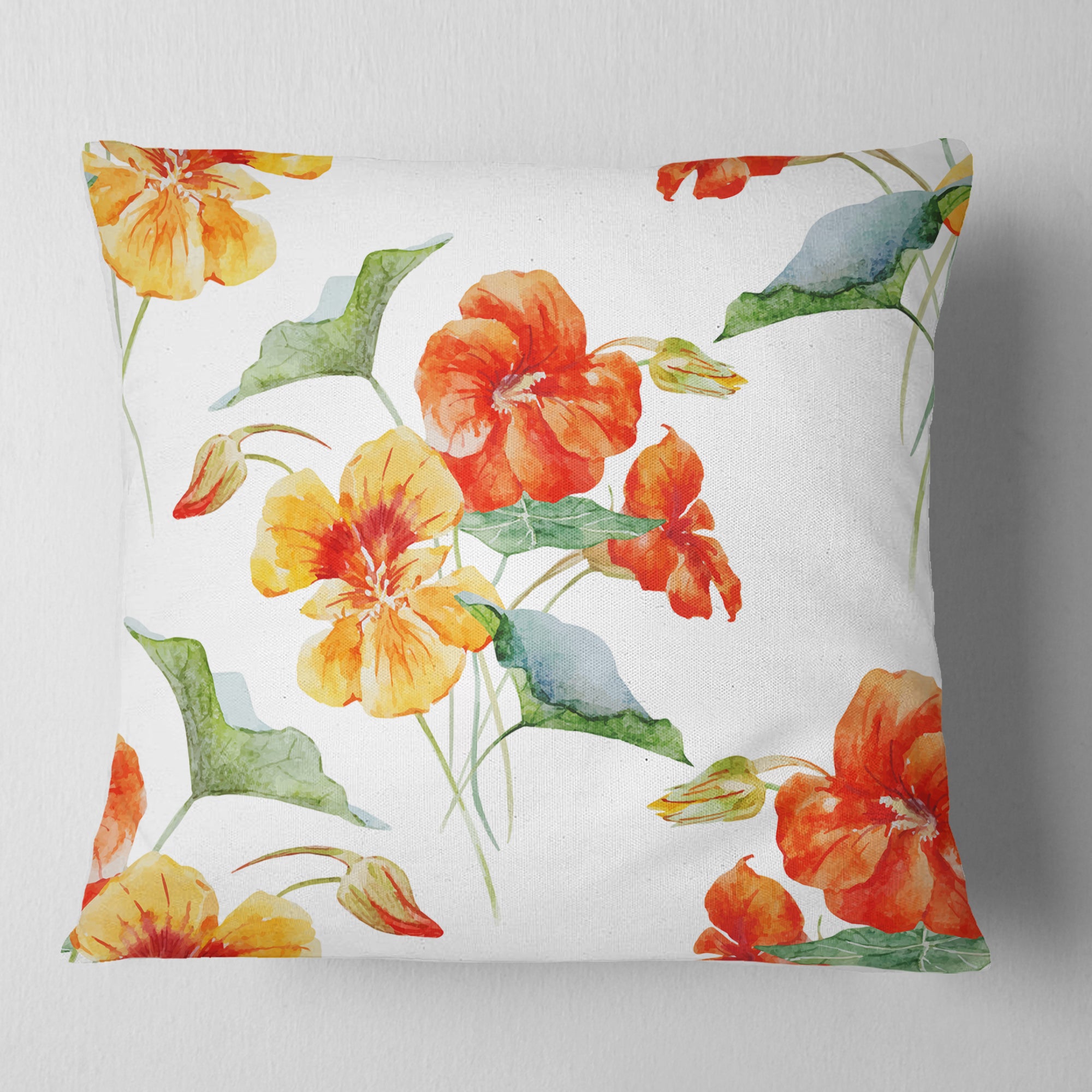 Watercolor Nasturtium Flower Pattern - Floral Throw Pillow