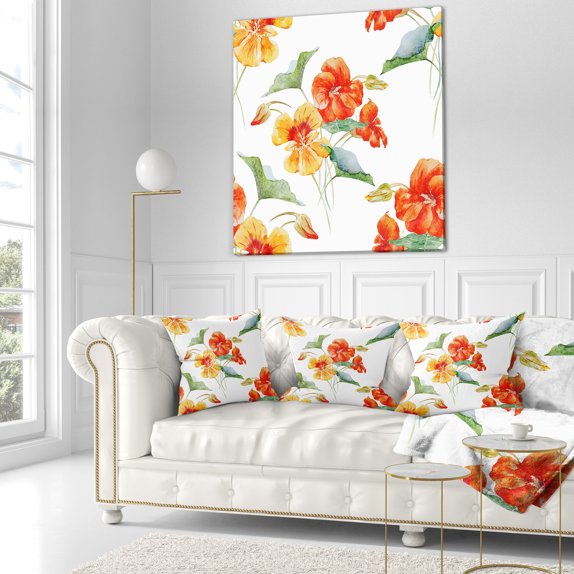 Watercolor Nasturtium Flower Pattern - Floral Throw Pillow