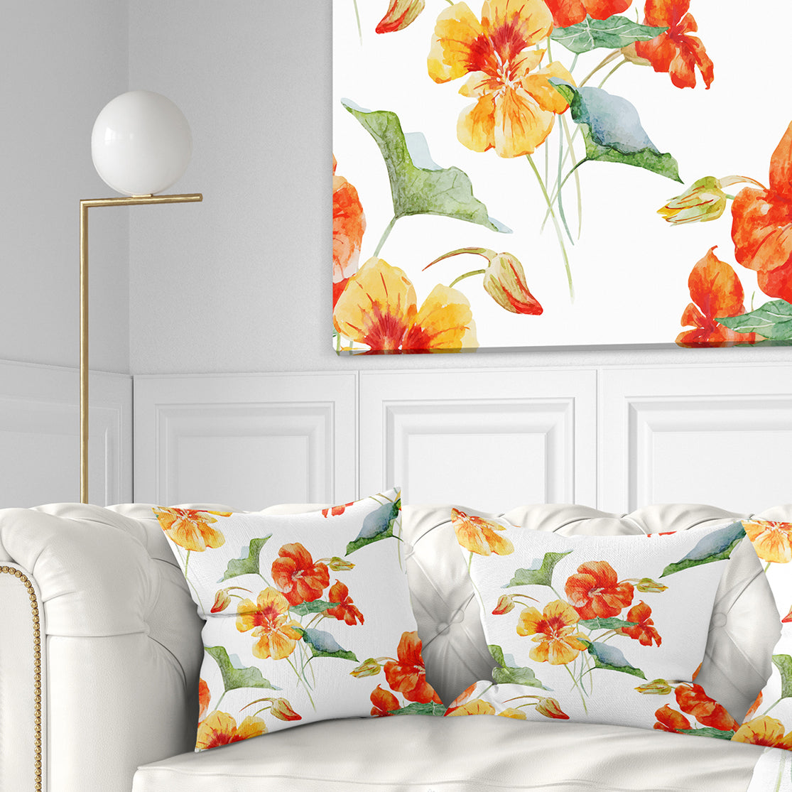 Watercolor Nasturtium Flower Pattern - Floral Throw Pillow