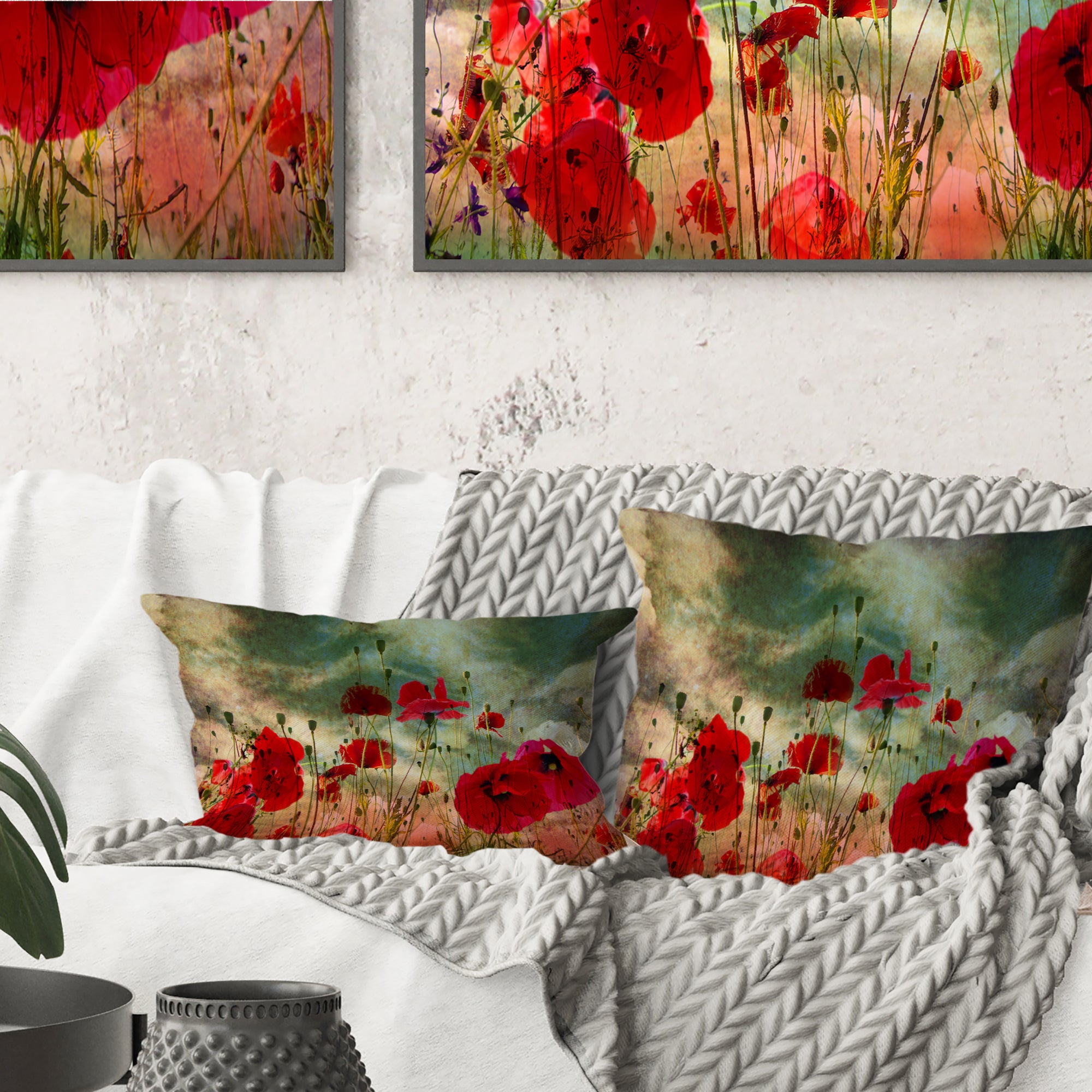 Wild Red Poppy Flowers in Sky - Floral Throw Pillow
