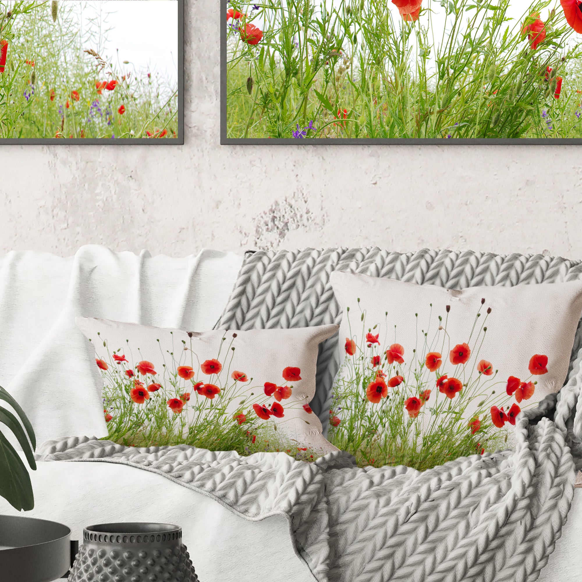 Poppies on White Background - Floral Throw Pillow