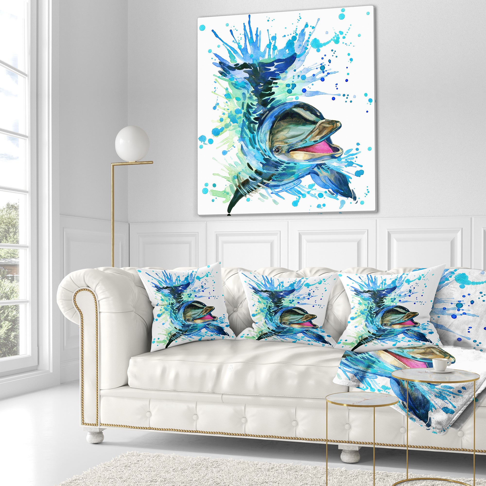 Large Blue Dolphin Watercolor - Contemporary Animal Throw Pillow