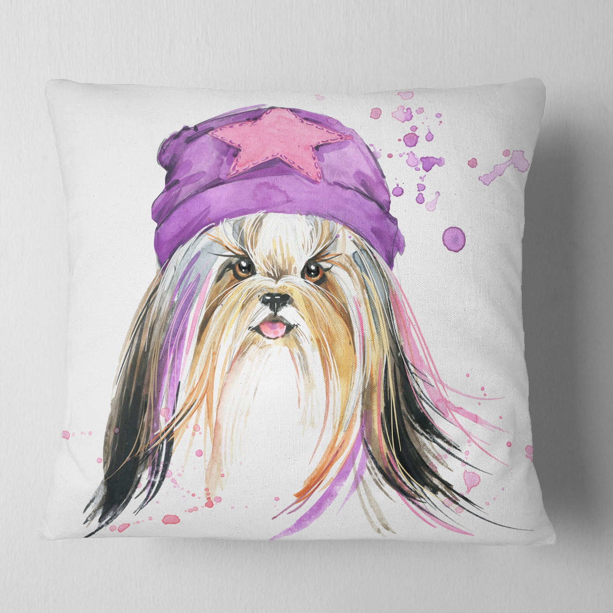 Stylish Puppy with Purple Hat - Animal Throw Pillow