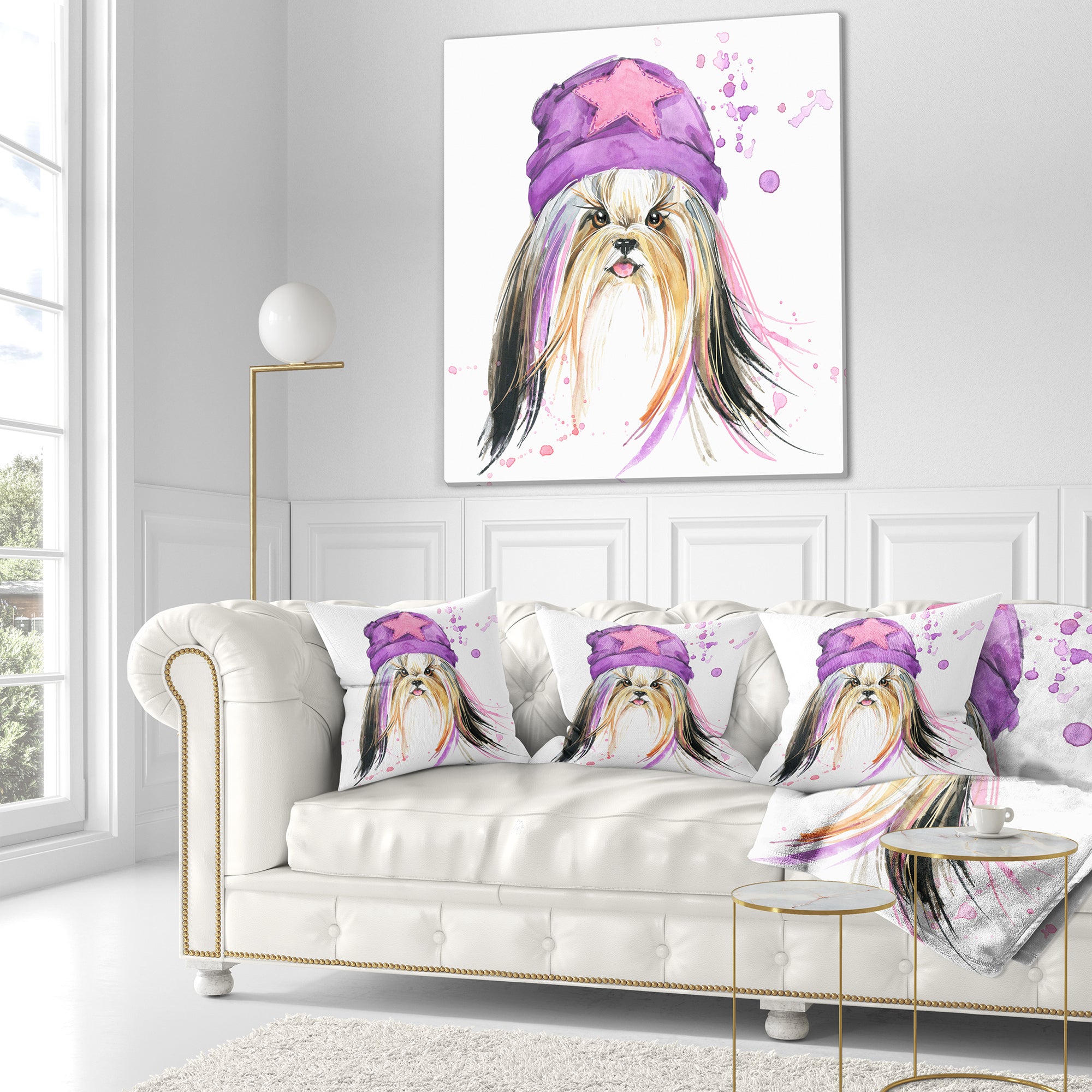 Stylish Puppy with Purple Hat - Animal Throw Pillow