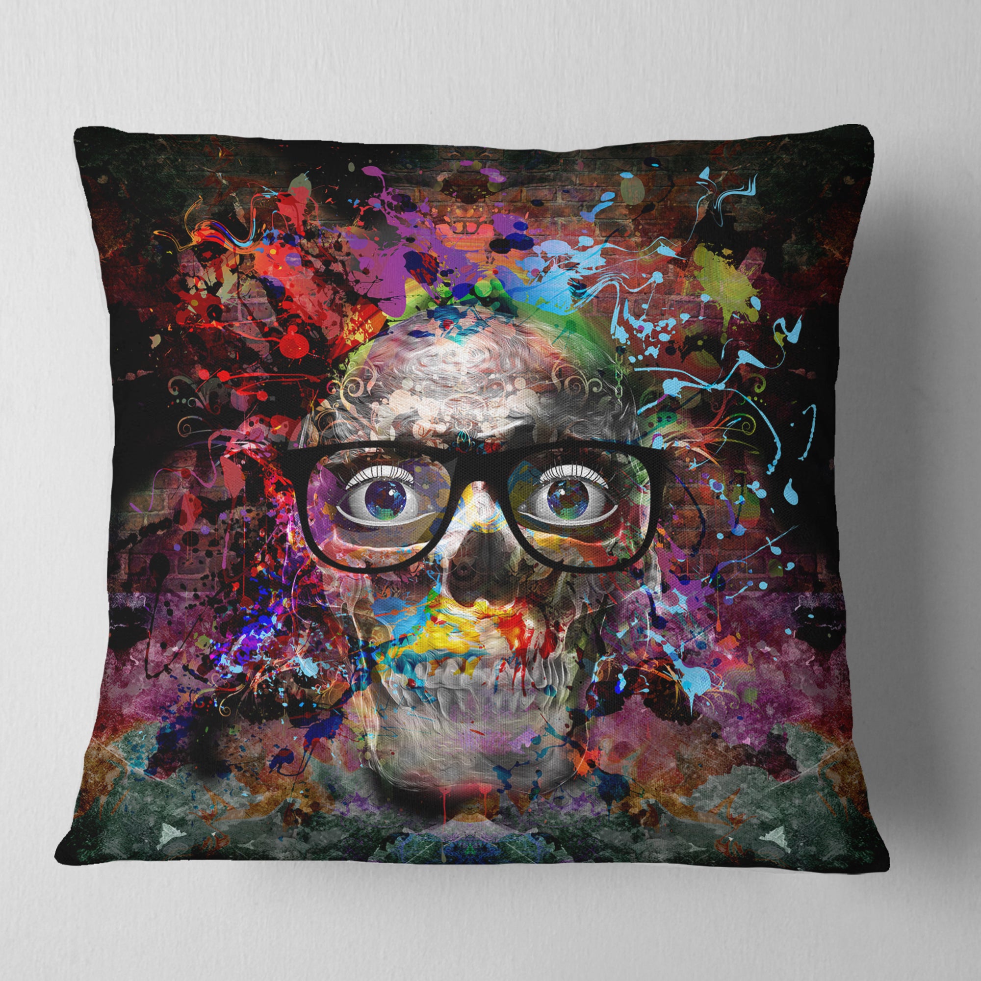 Colorful Human Skull with Glasses - Abstract Throw Pillow