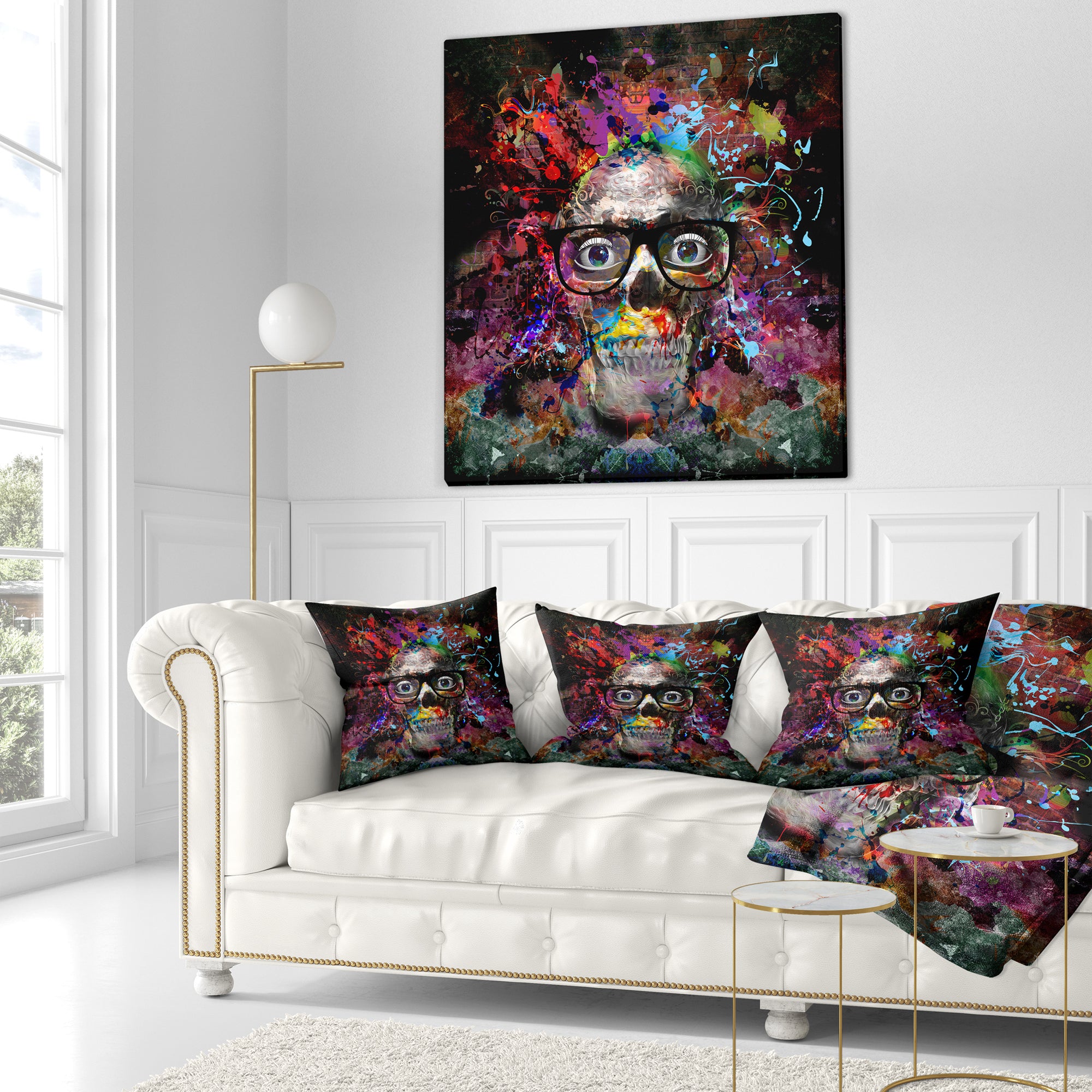 Colorful Human Skull with Glasses - Abstract Throw Pillow