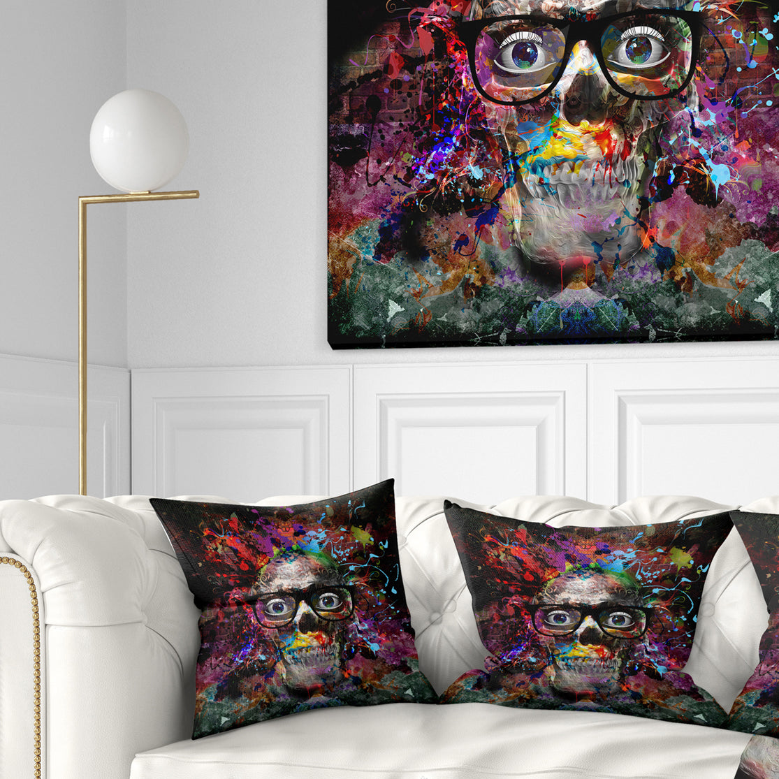 Colorful Human Skull with Glasses - Abstract Throw Pillow