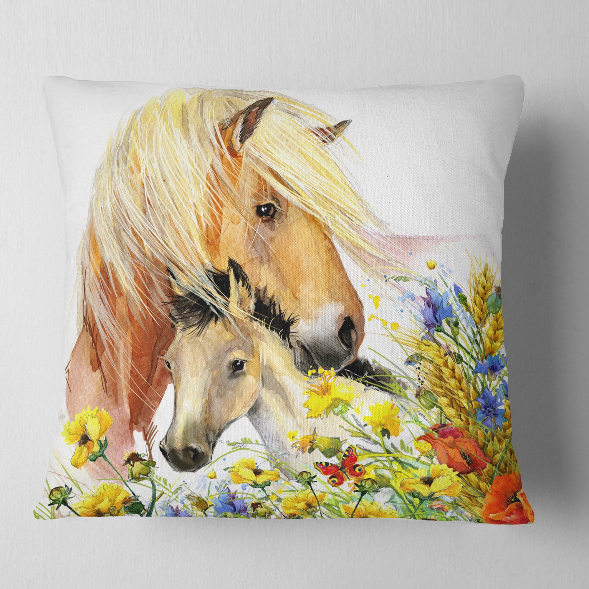 Horse and Foal with Meadow - Animal Throw Pillow