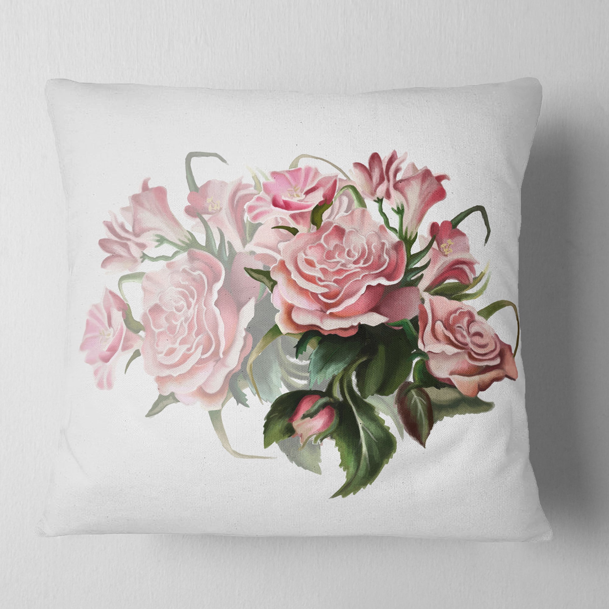 Pink Rose Bouquet Watercolor - Floral Throw Pillow