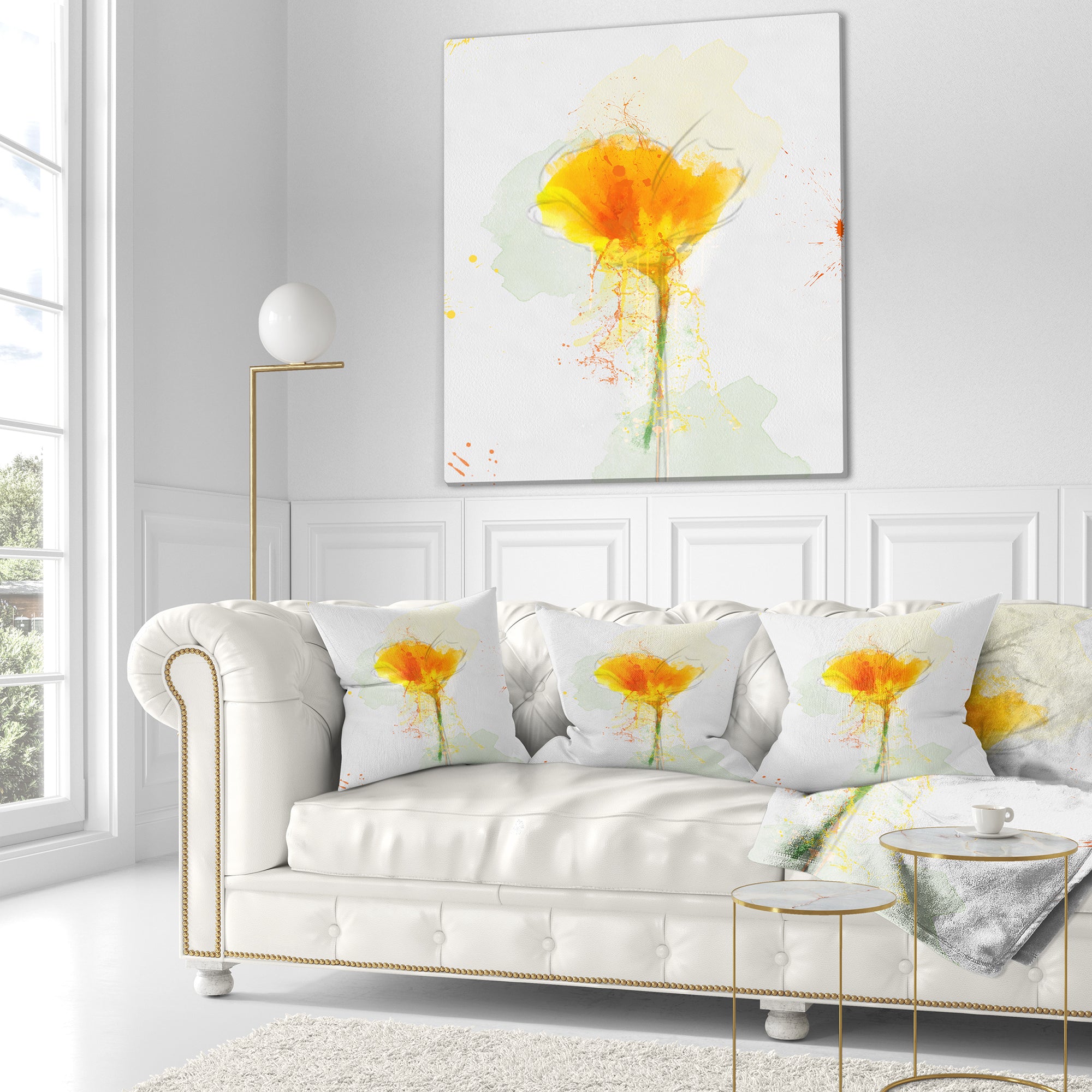 Yellow Flower Sketch Watercolor - Floral Throw Pillow
