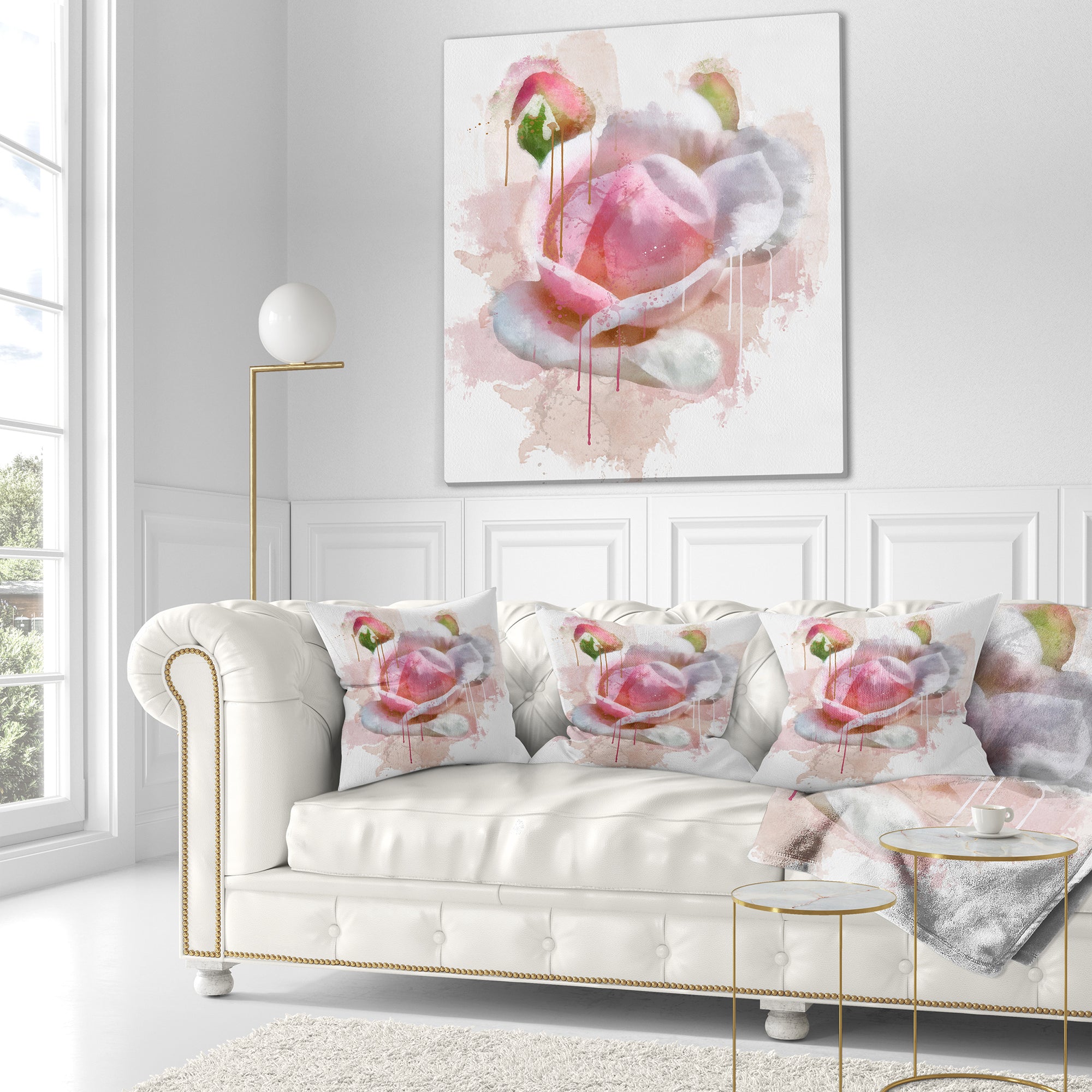 Pink Rose Flower with Paint Splashes - Floral Throw Pillow