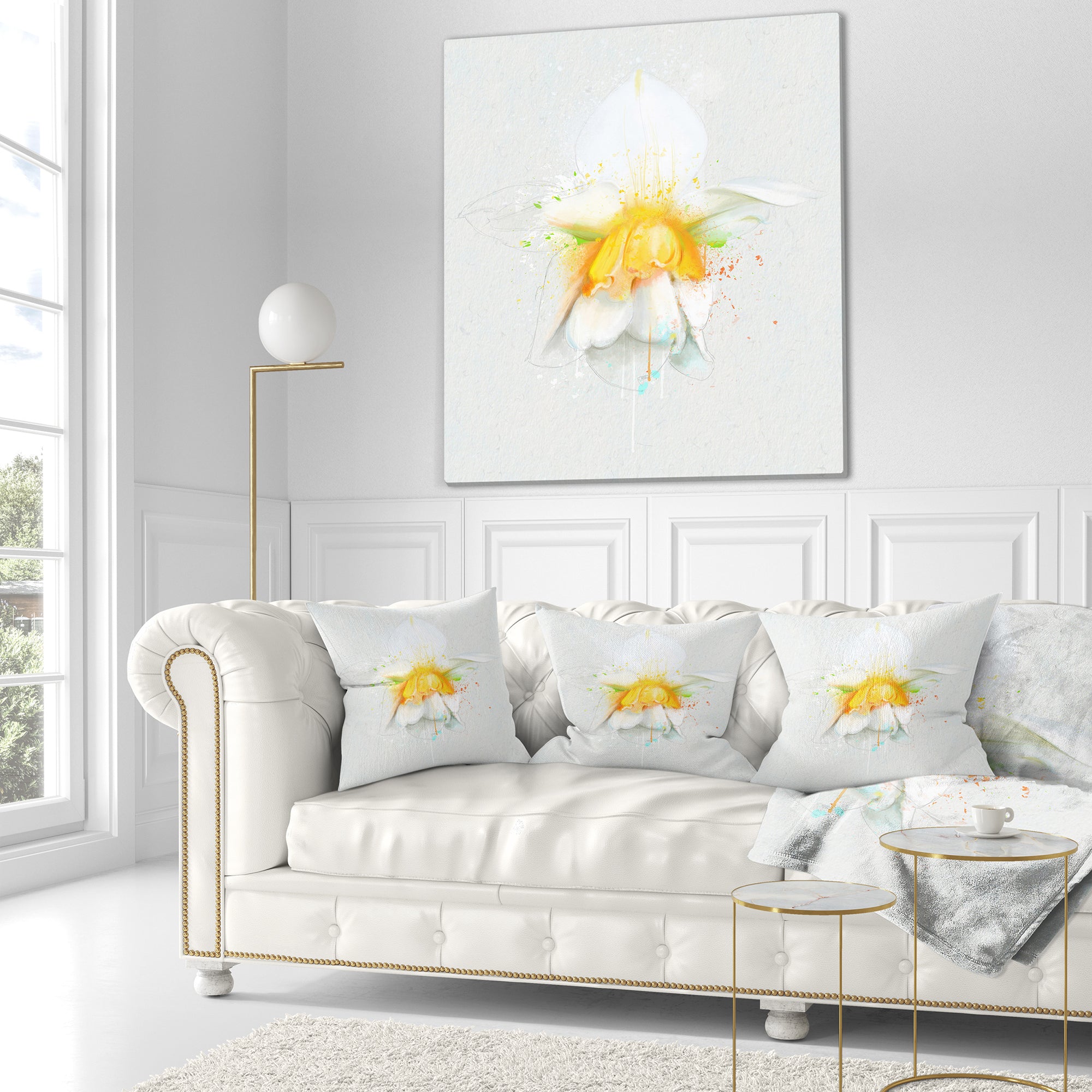 White Narcissus Flower Watercolor - Floral Throw Pillow