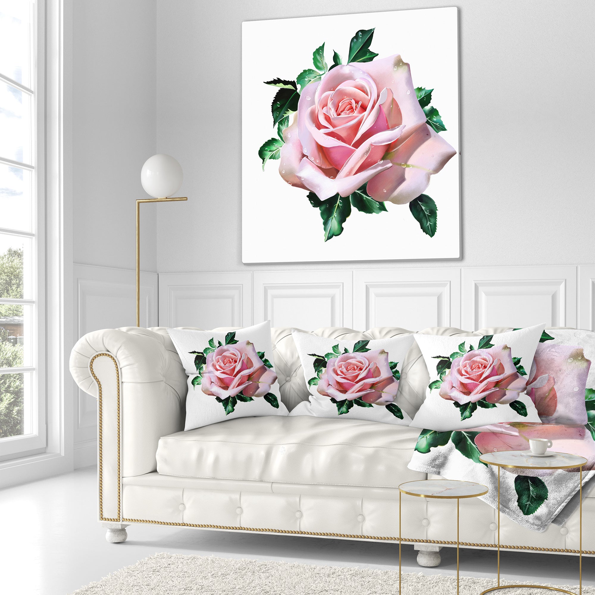 Watercolor Rose with Green Leaves - Floral Throw Pillow