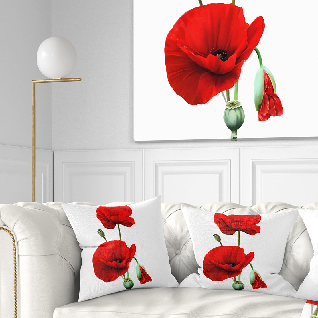 Red Poppies on White Background - Floral Throw Pillow