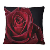 Red Rose with Raindrops on Black - Flowers Throw Pillowwork