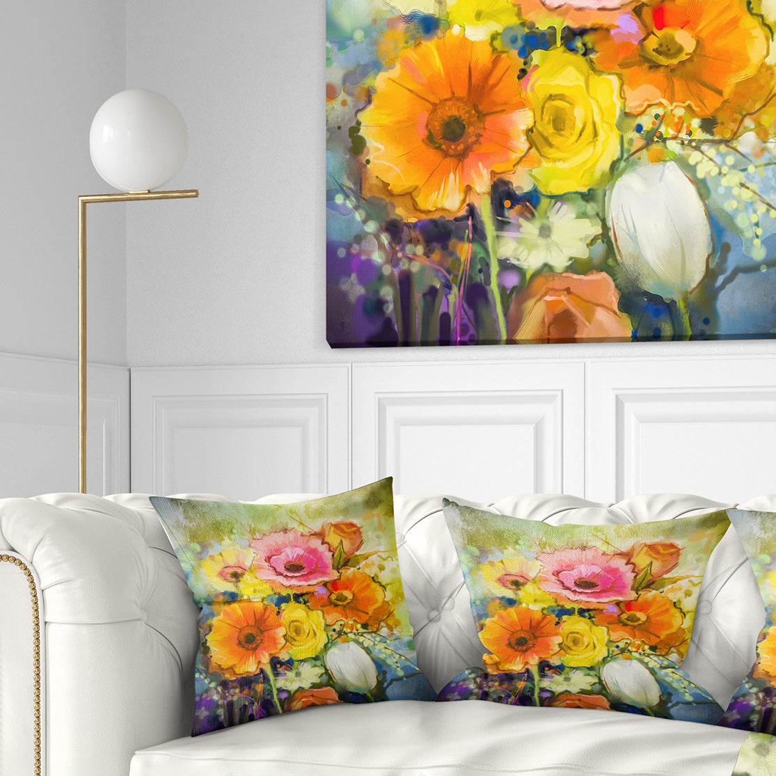 White Gerbera Red Rose and Tulips - Floral Throw Pillow