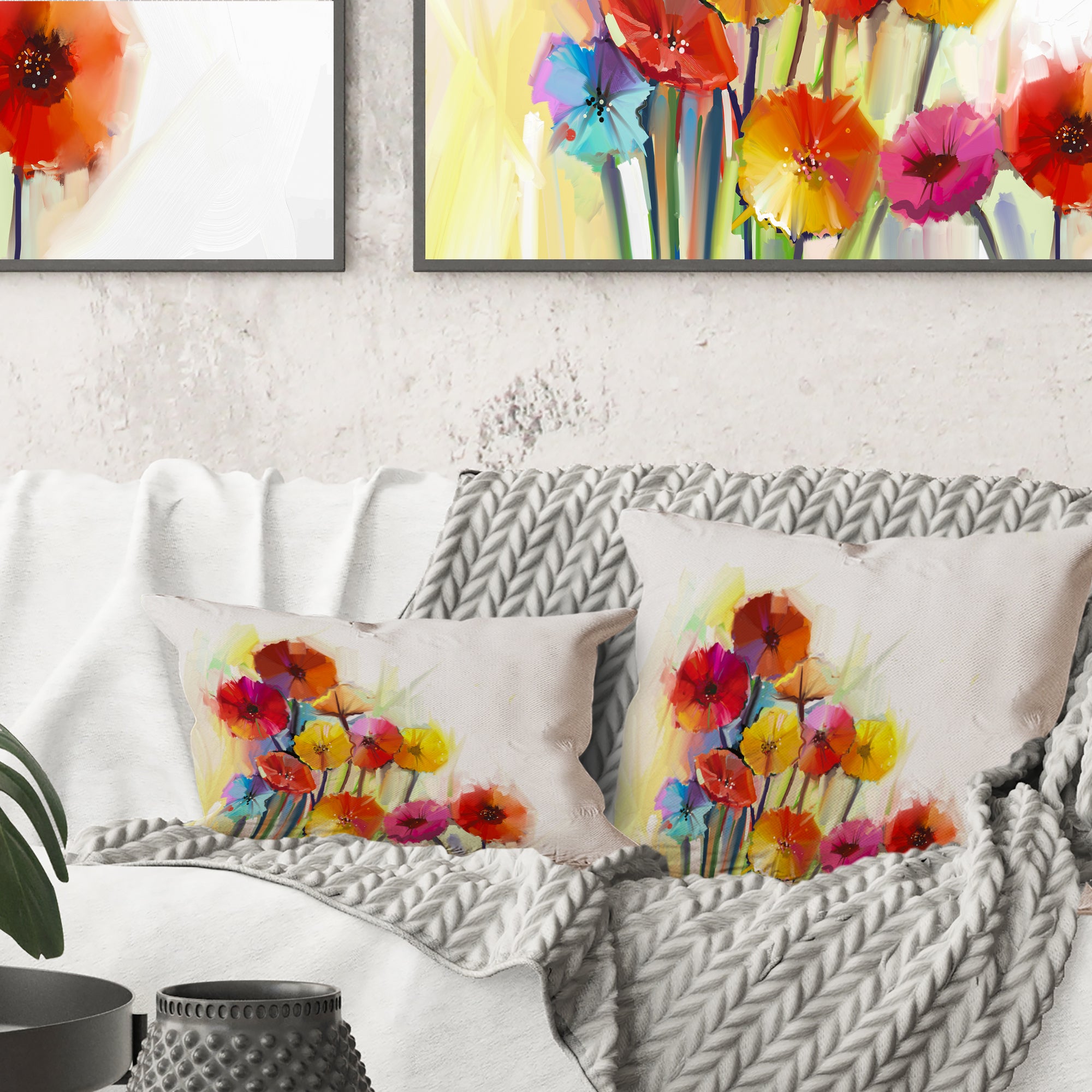Colorful Gerbera Flowers Watercolor - Floral Throw Pillow