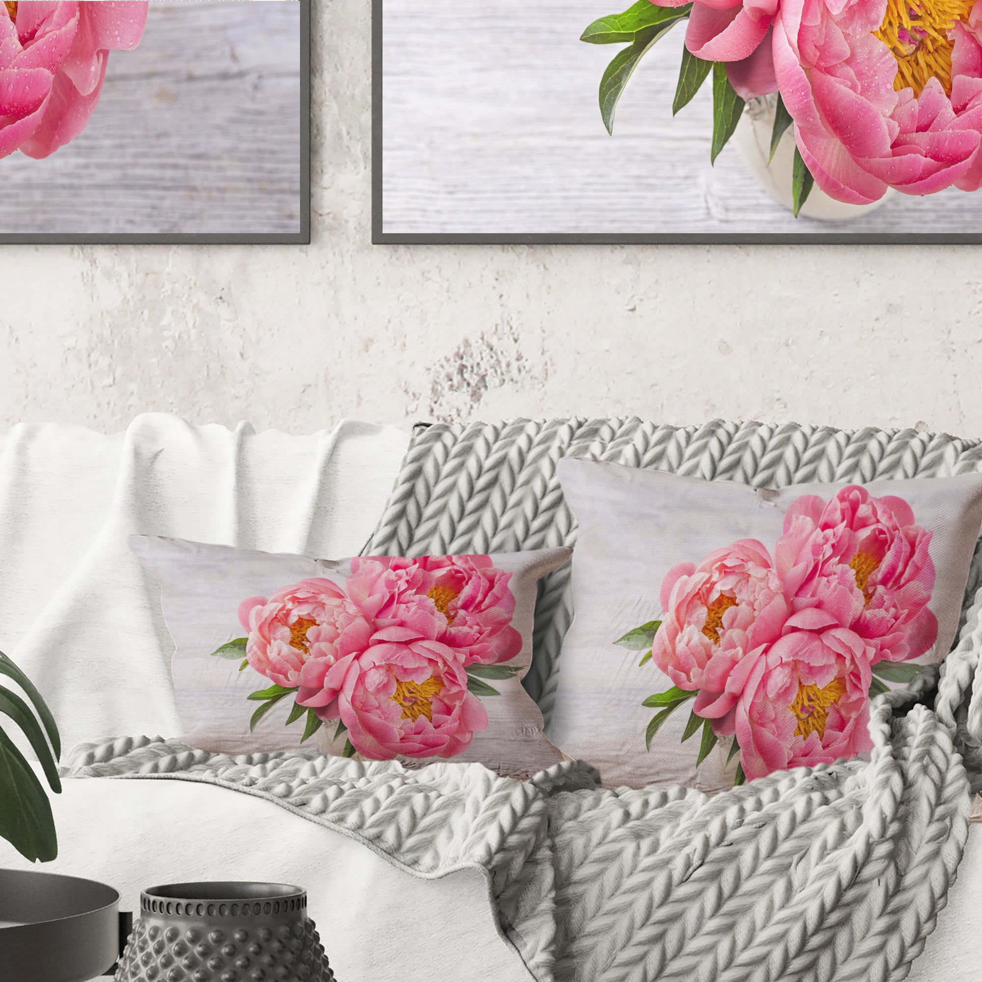 Bunch of Peony Flowers In Vase - Floral Throw Pillow