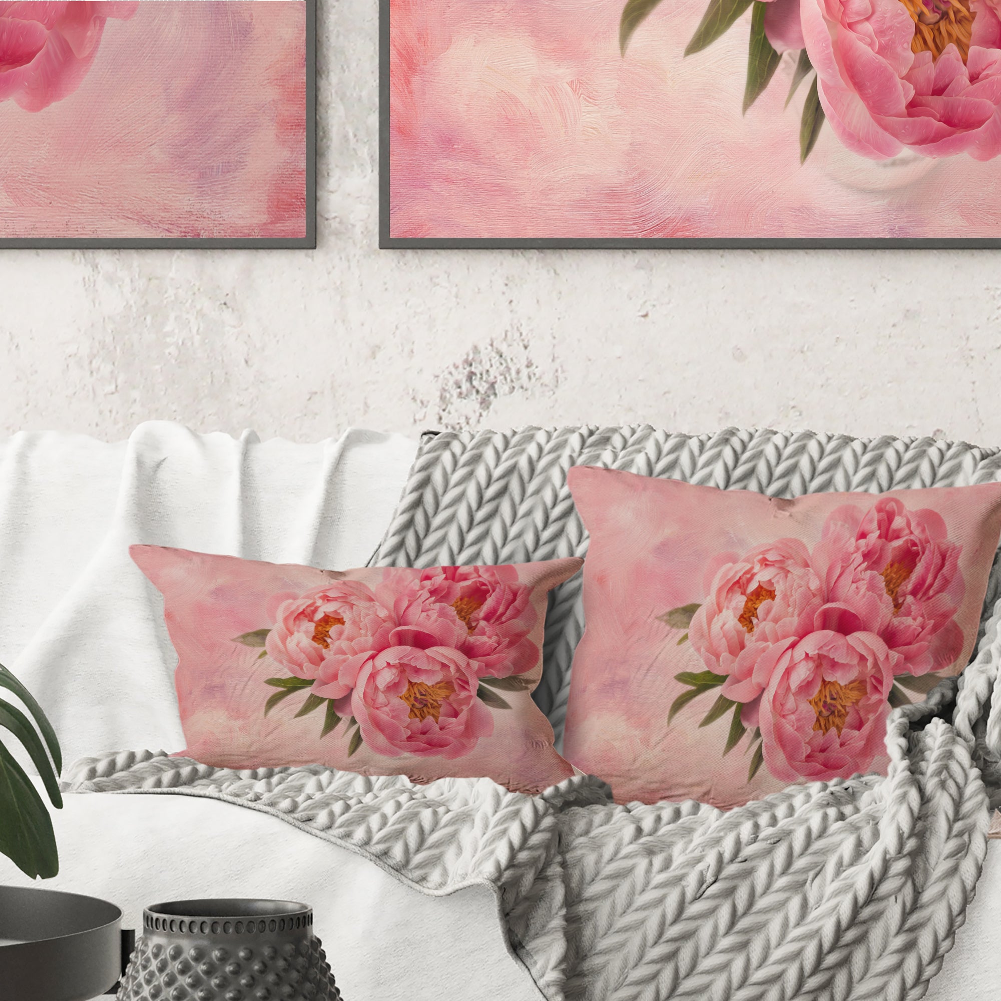 Peony Flowers in Vase on Pink - Floral Throw Pillow