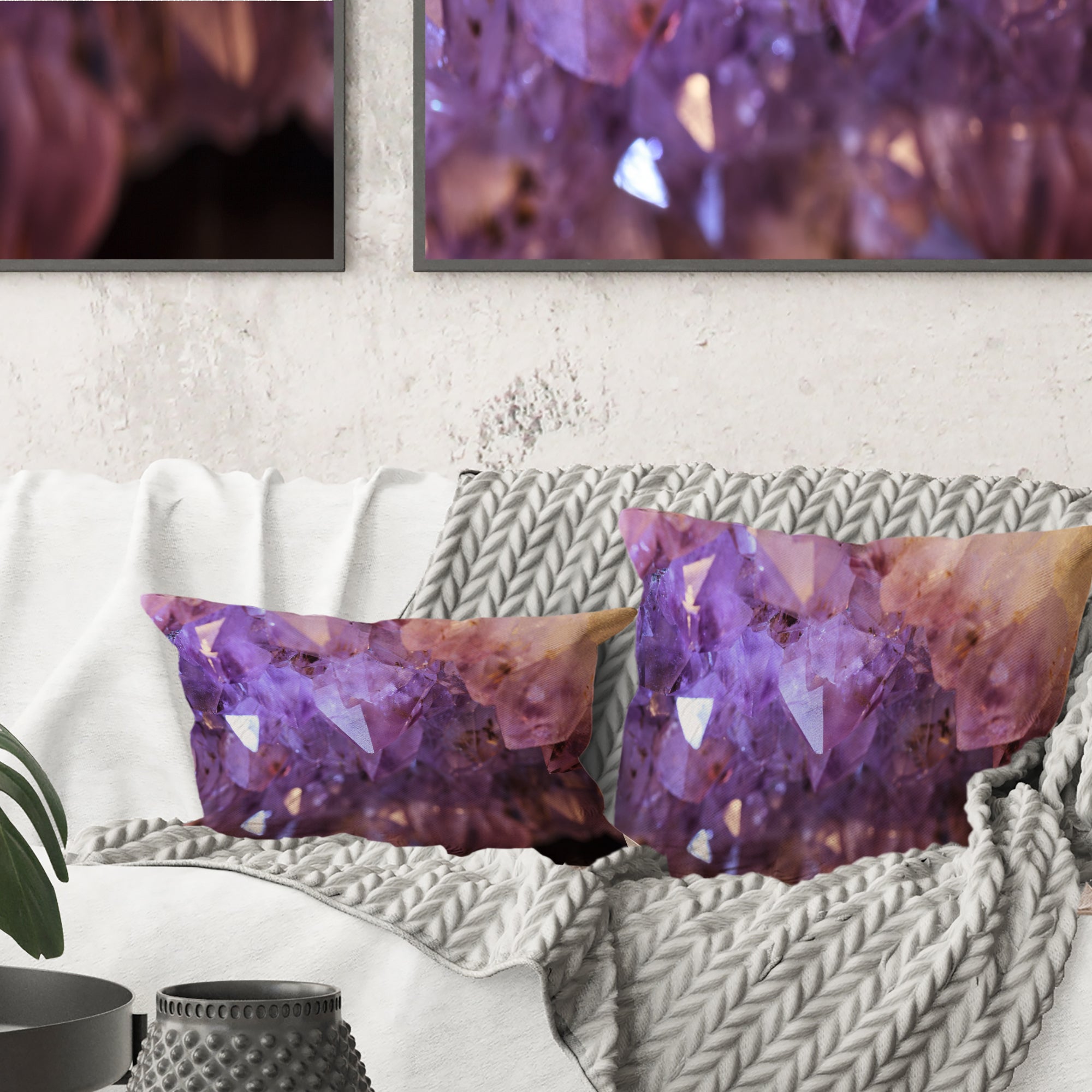 Purple White Natural Amethyst Geode - Abstract Throw Pillow