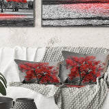 Big Red Tree on Foggy Day - Landscape Printed Throw Pillow